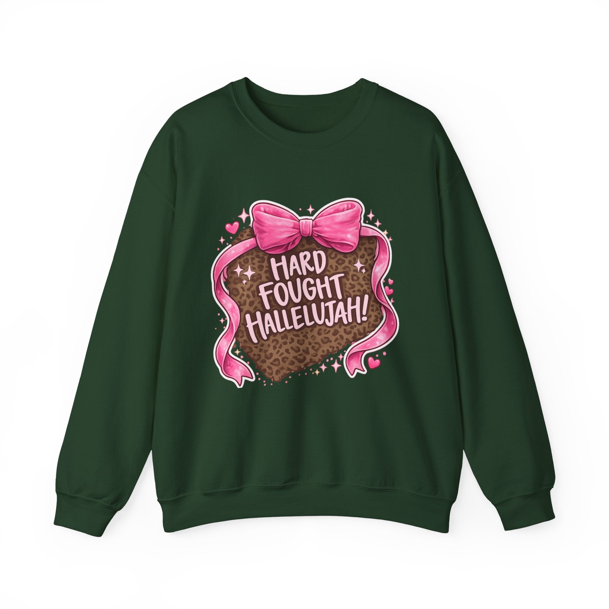 Crewneck Sweatshirt — "Hard Fought Hallelujah" Heart Graphic (Pink Bow, Leopard Print)