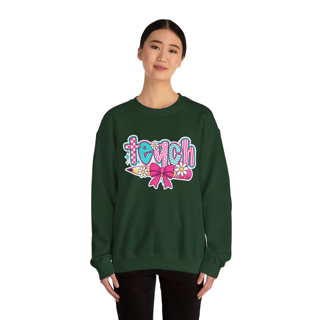 Teacher Pencil Crewneck Sweatshirt — "Teach" Floral School Spirit Pullover