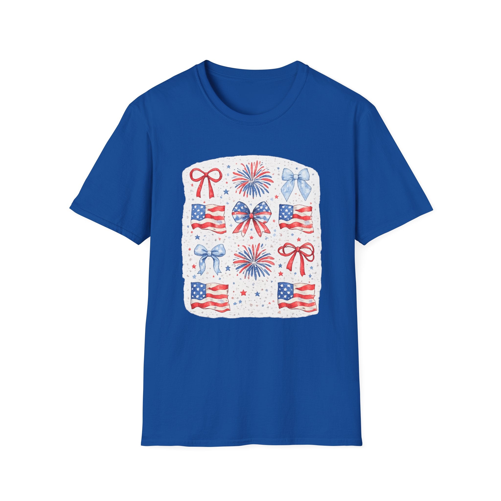 Patriotic 4th of July T-Shirt — USA Flag Bows & Fireworks Design