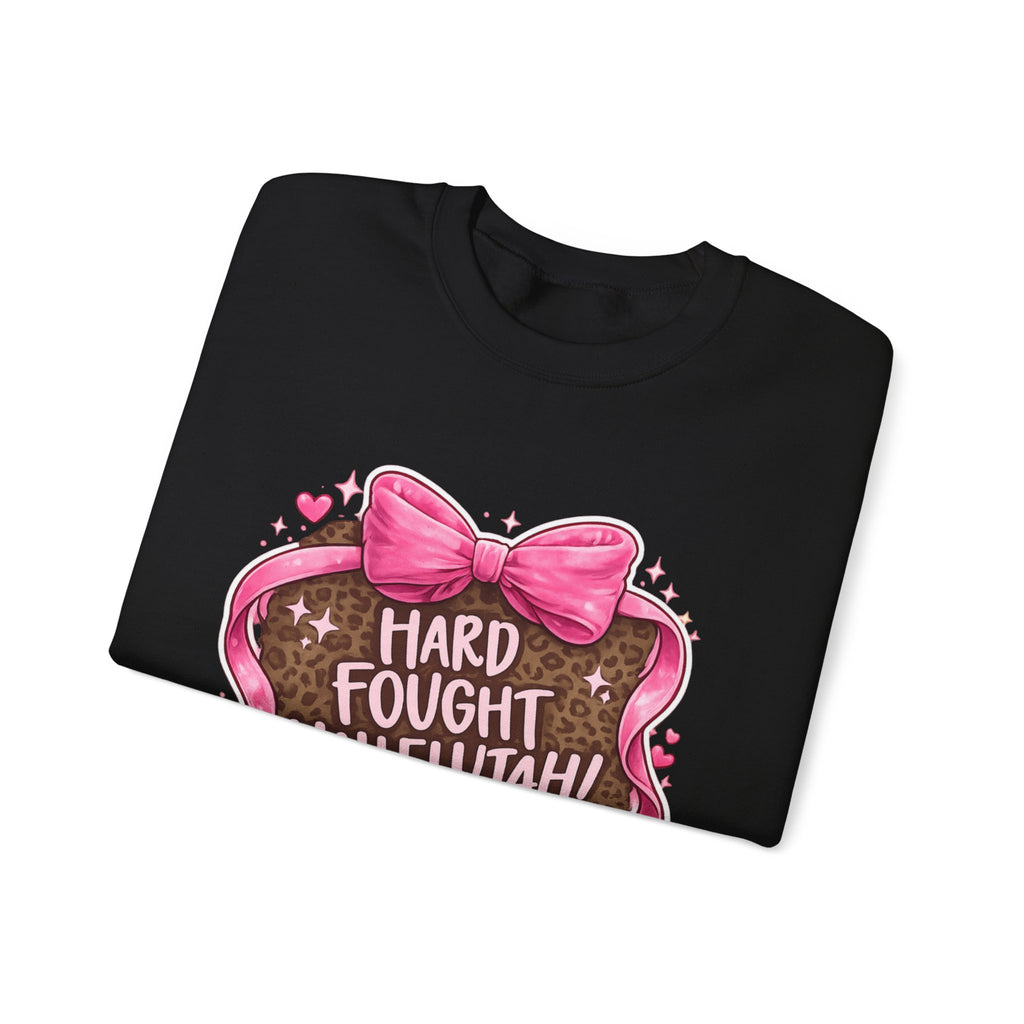 Crewneck Sweatshirt — "Hard Fought Hallelujah" Heart Graphic (Pink Bow, Leopard Print)