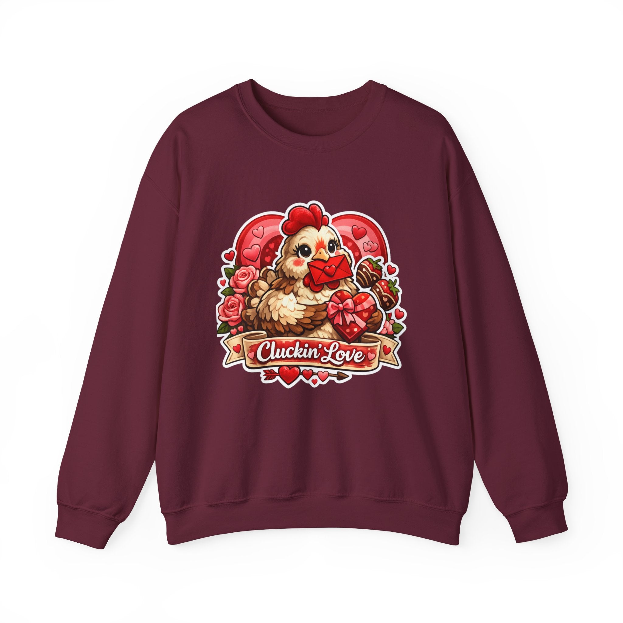 Crewneck Sweatshirt — "Cluckin' Love" Cute Chicken Valentine Design