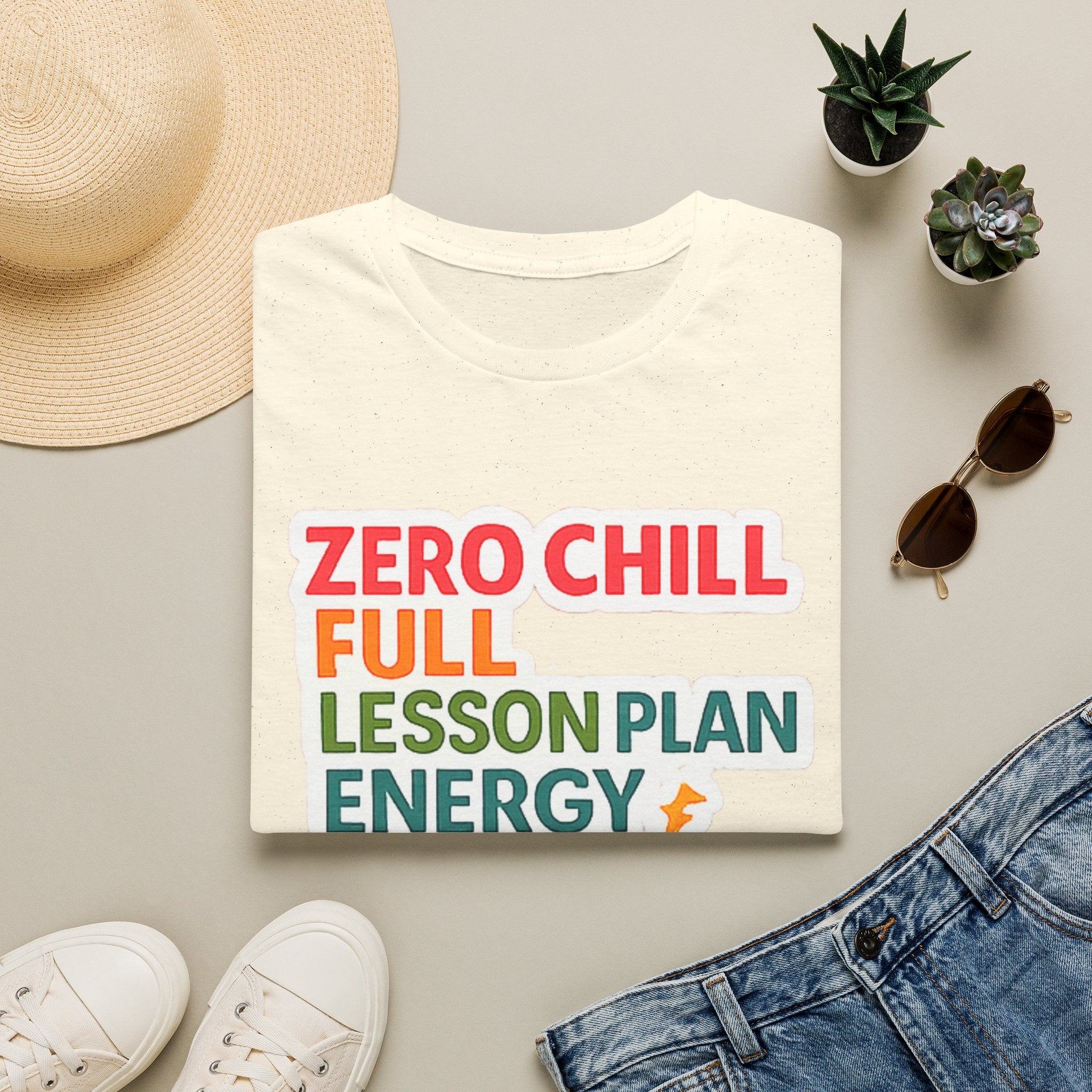 Teacher T-Shirt — "Zero Chill, Full Lesson Plan Energy" Colorful Graphic Tee