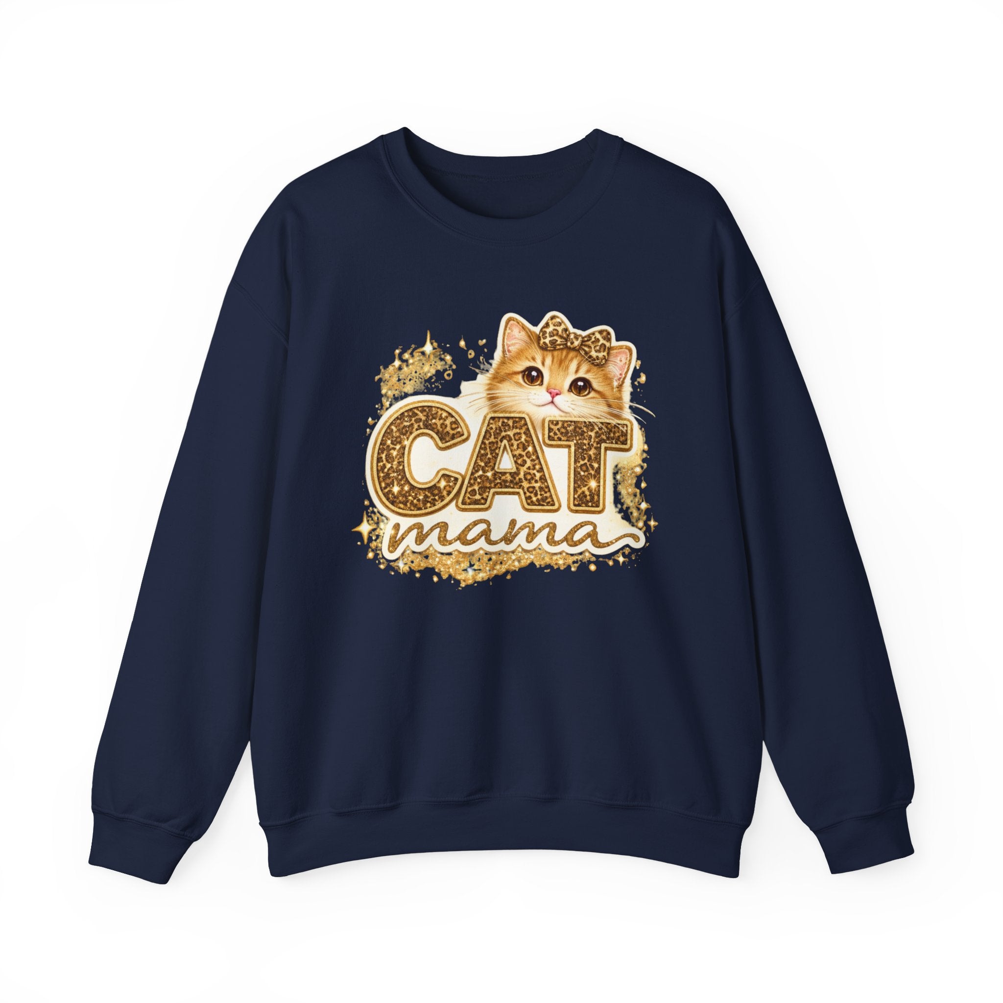 Cat Mama Crewneck Sweatshirt – Cute Gold Glitter Cat Graphic