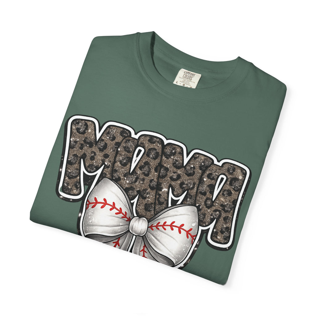 Baseball Mom T-Shirt — Camo Lettering with Baseball Bow