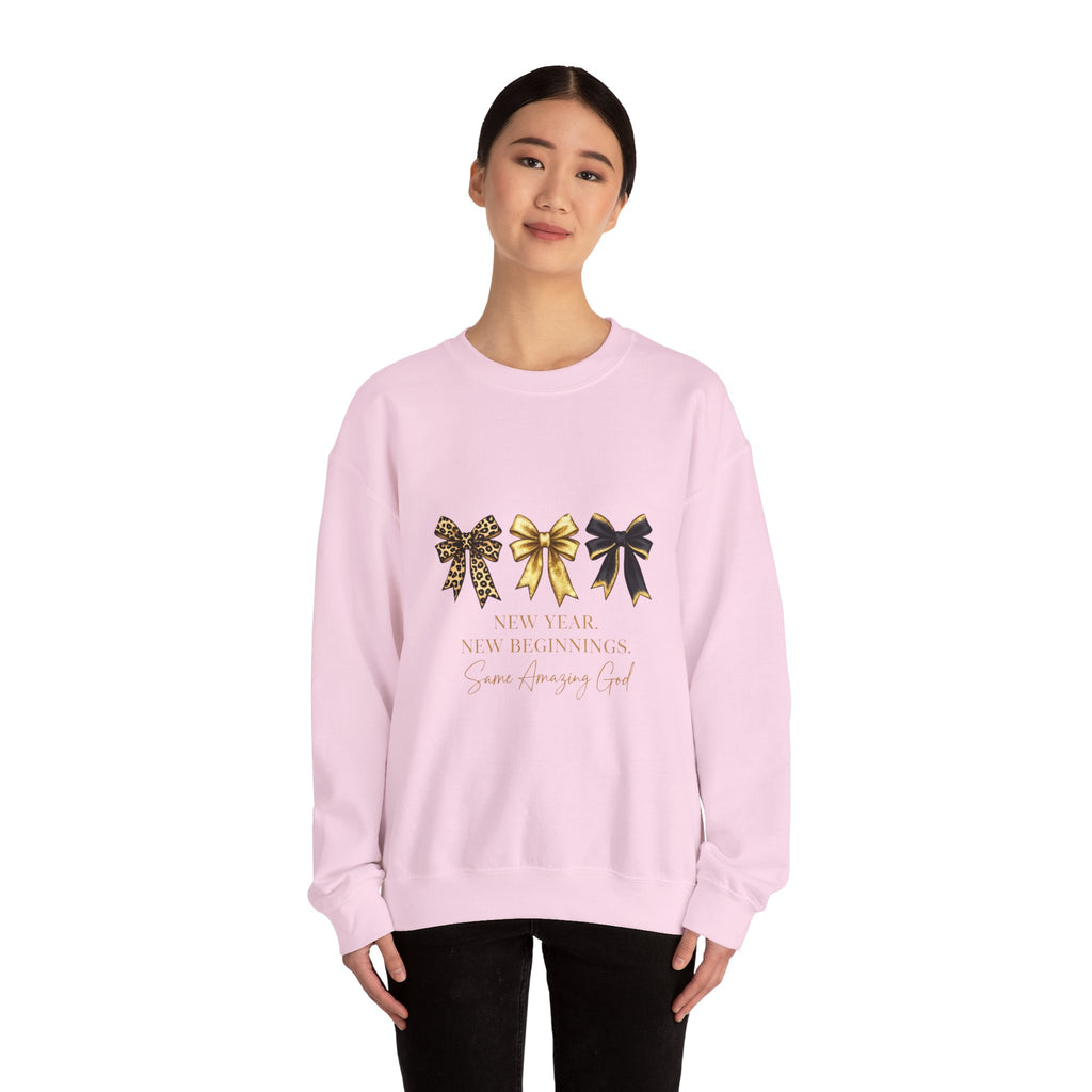 New Year Bows Crewneck Sweatshirt — “New Year New Beginnings” Glitter Bow Design