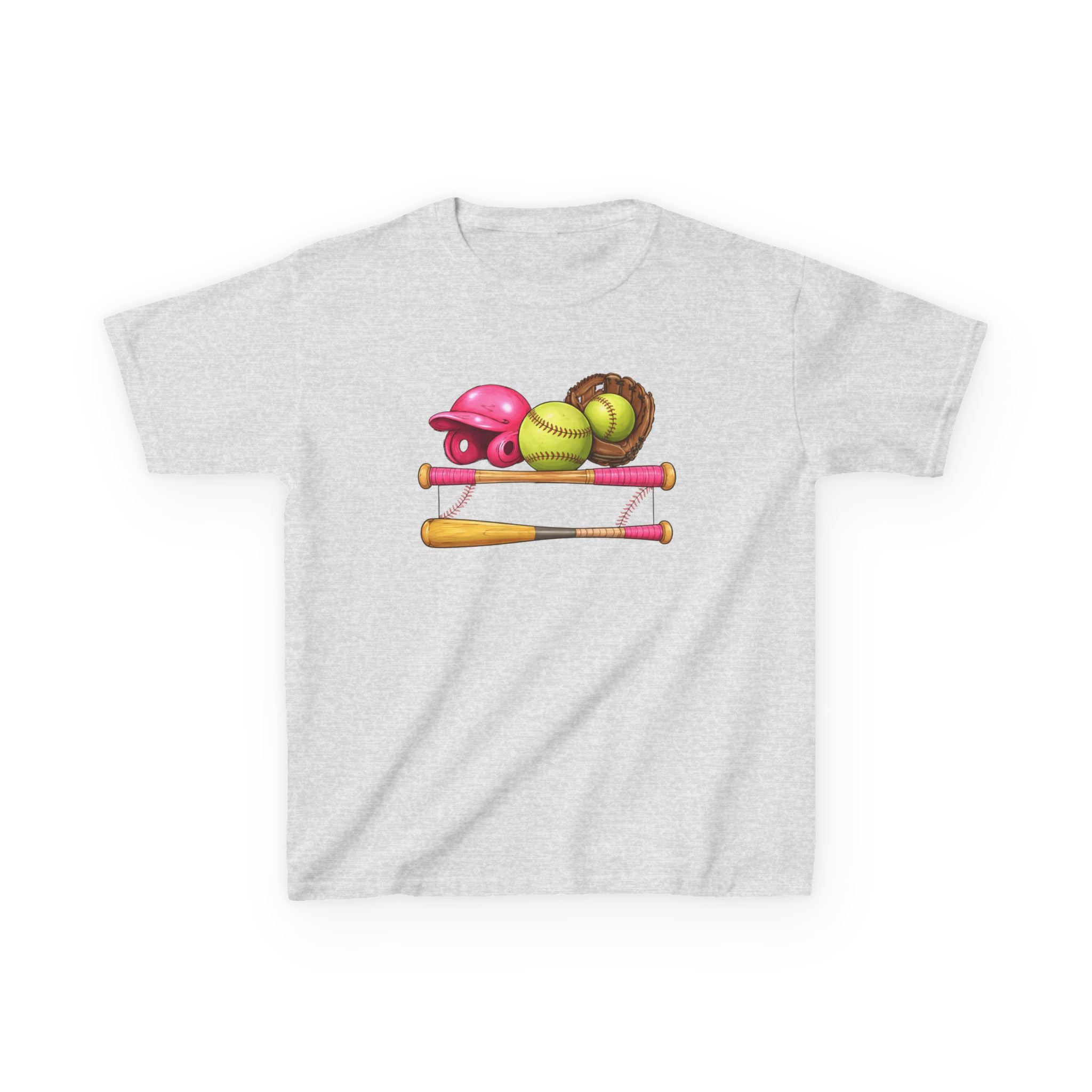 Kids Softball Gear T-Shirt — Pink Helmet, Bat & Glove Baseball Design