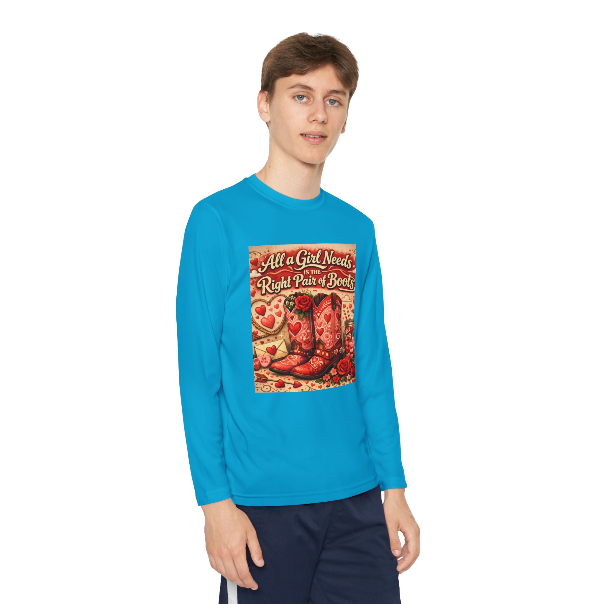 Youth Long Sleeve Tee — "All a Girl Needs is the Right Pair of Boots" Western Graphic