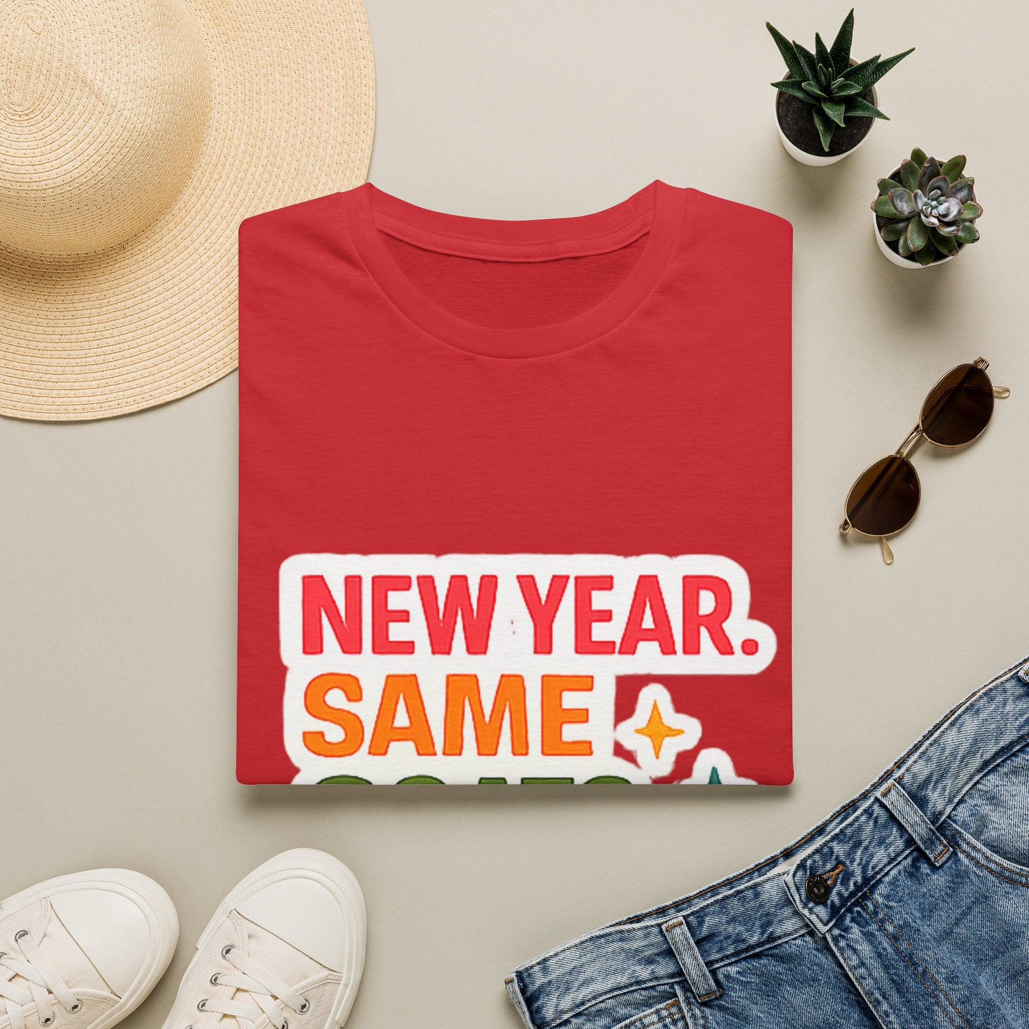 T‑Shirt — "New Year. Same Goats. No Cap." Colorful Graphic Tee for Goat Lovers & Funny New Year Celebrations