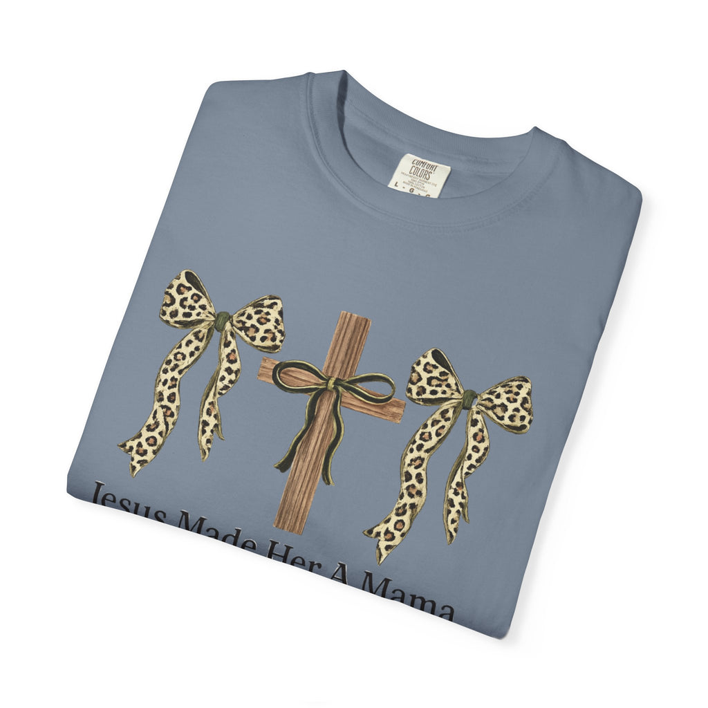 Jesus Made Her a Mama Cross T‑Shirt — Leopard Bow Christian Mother's Day Tee