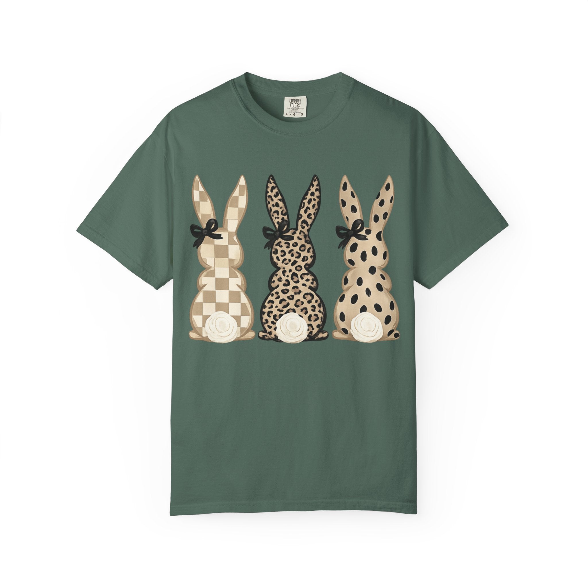 Easter Bunny Trio T-Shirt — Neutral Plaid, Leopard & Polka Dot Bunnies