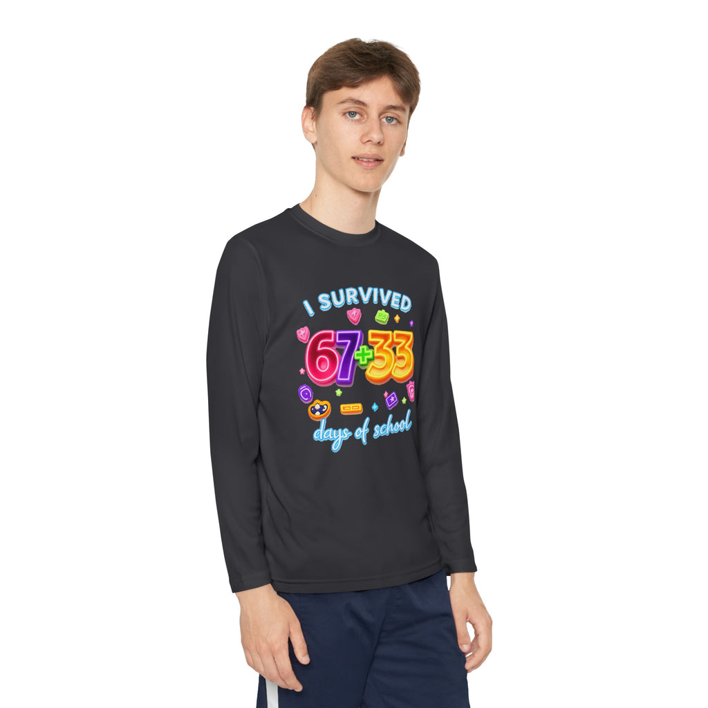 Youth Long Sleeve Tee — "I Survived 67+33 Days of School" Colorful Celebration Shirt
