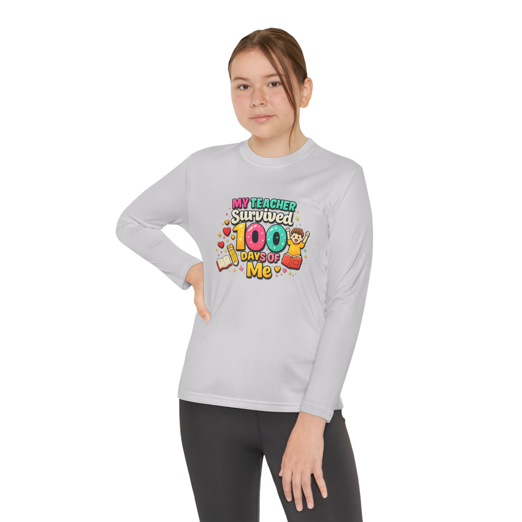 Kids Long Sleeve Tee — “My Teacher Survived 100 Days of Me” Colorful Celebration Shirt