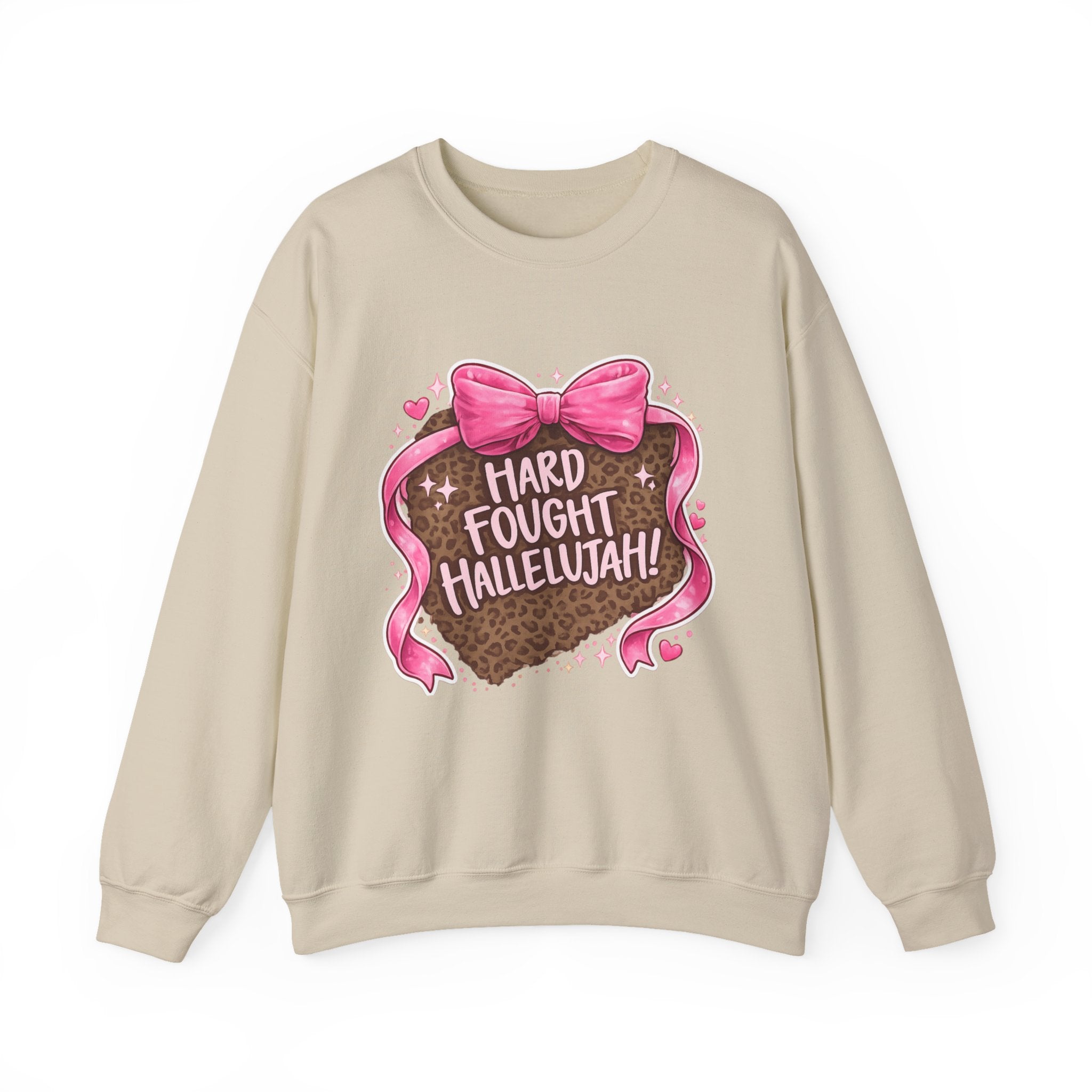 Crewneck Sweatshirt — "Hard Fought Hallelujah" Heart Graphic (Pink Bow, Leopard Print)