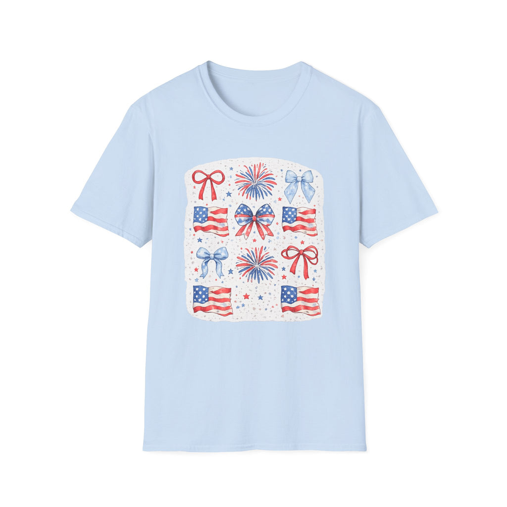 Patriotic 4th of July T-Shirt — USA Flag Bows & Fireworks Design