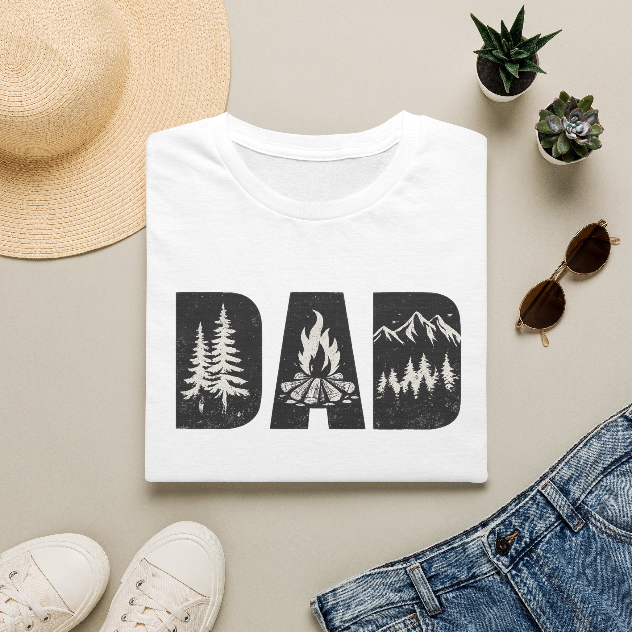 Dad Camping T-Shirt — Rustic Outdoors Father’s Day Shirt (DAD with Trees, Campfire & Mountains)