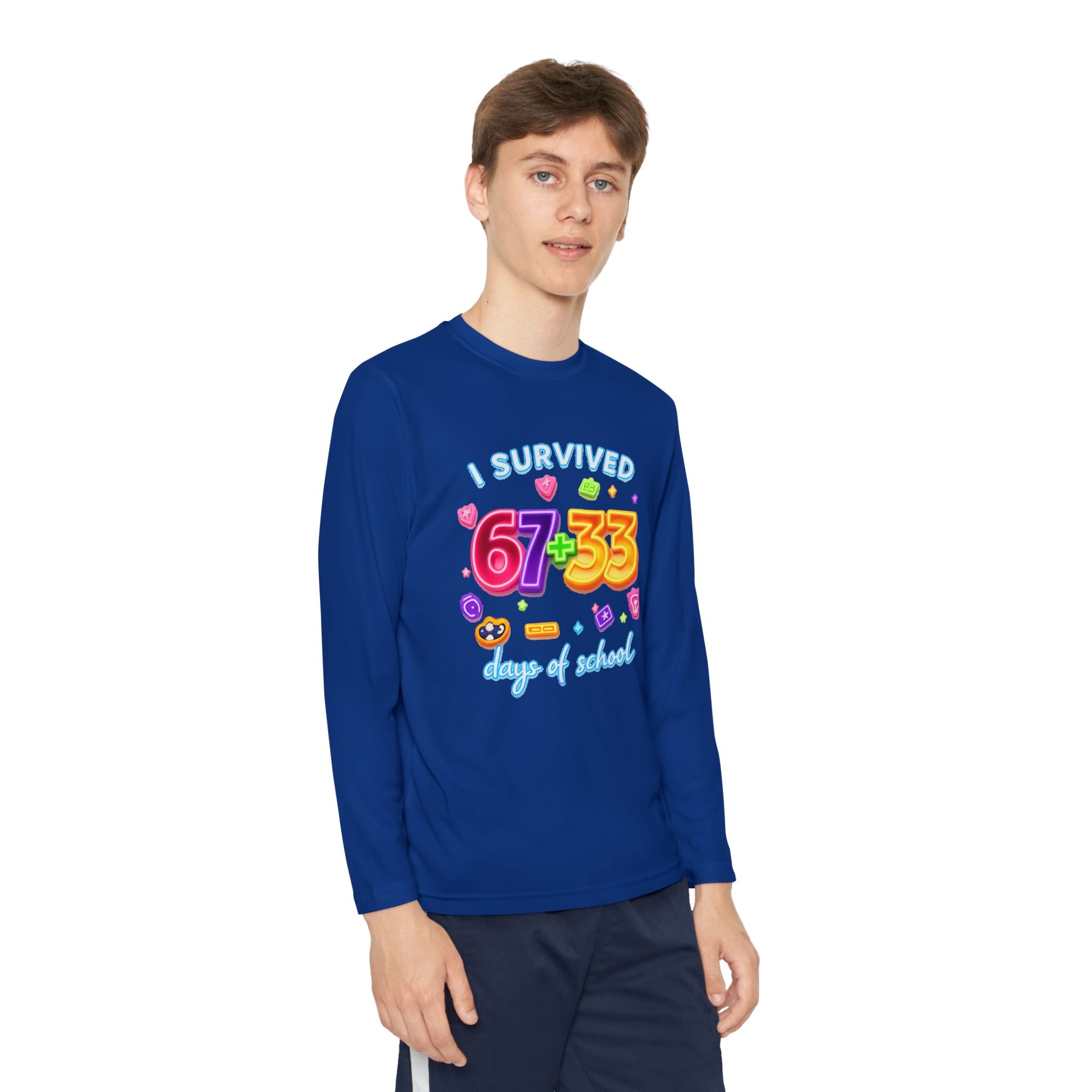 Youth Long Sleeve Tee — "I Survived 67+33 Days of School" Colorful Celebration Shirt