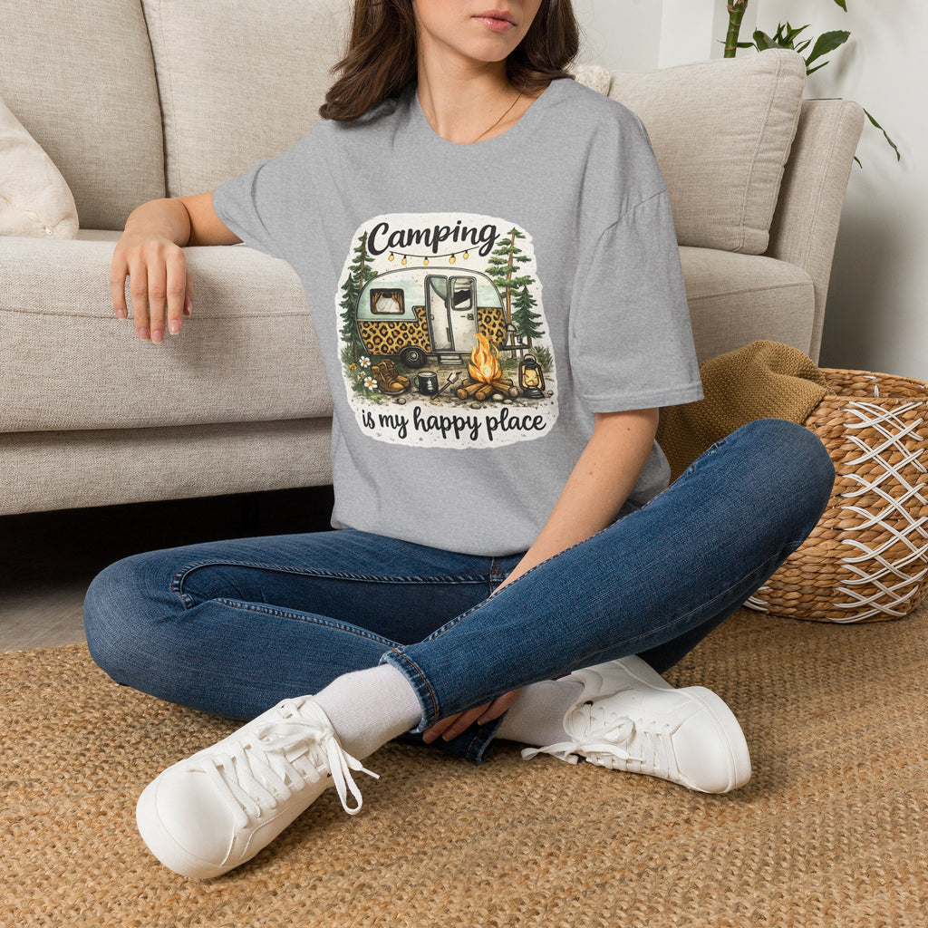 Camping Is My Happy Place T‑Shirt — Leopard Camper Graphic Tee