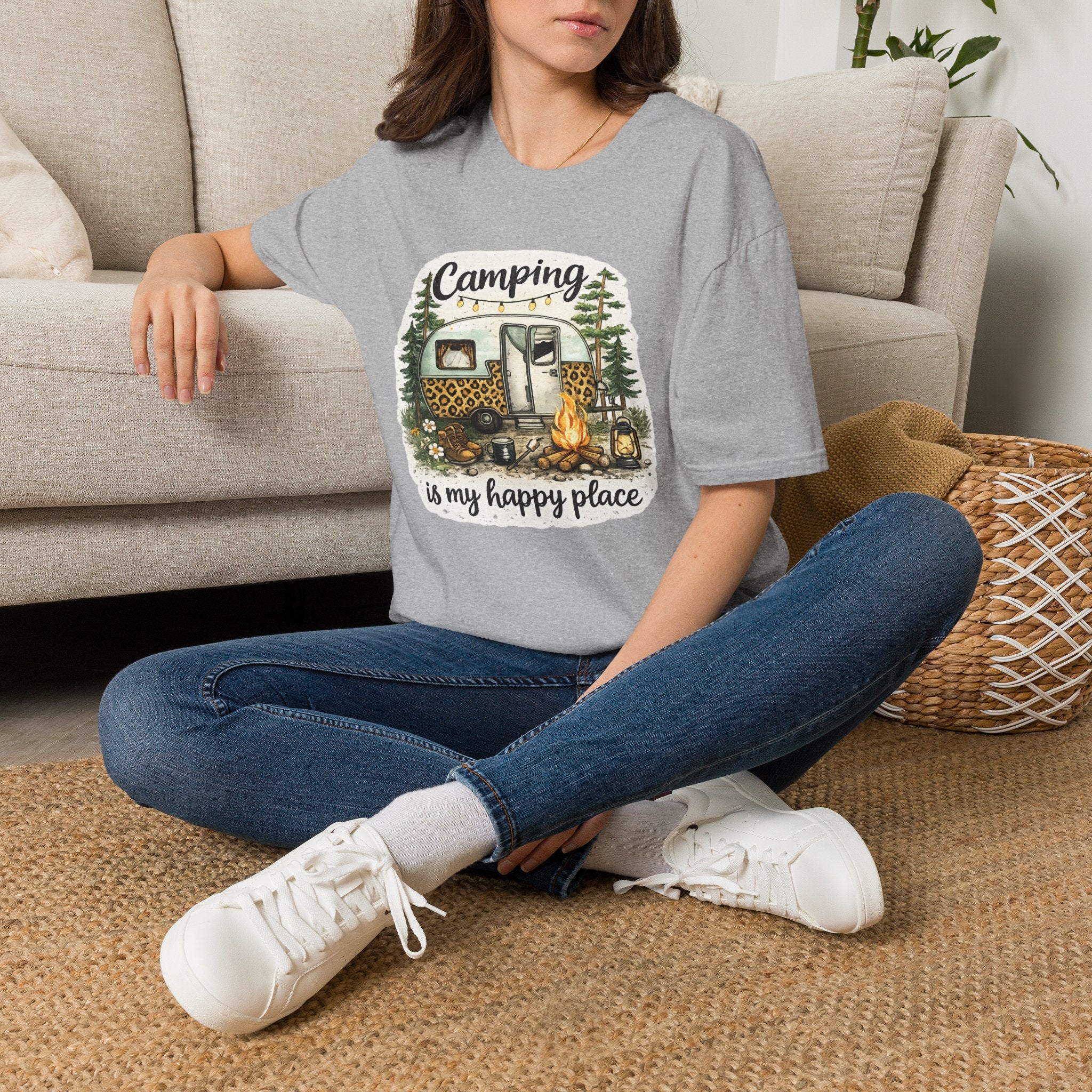 Camping Is My Happy Place T‑Shirt — Leopard Camper Graphic Tee
