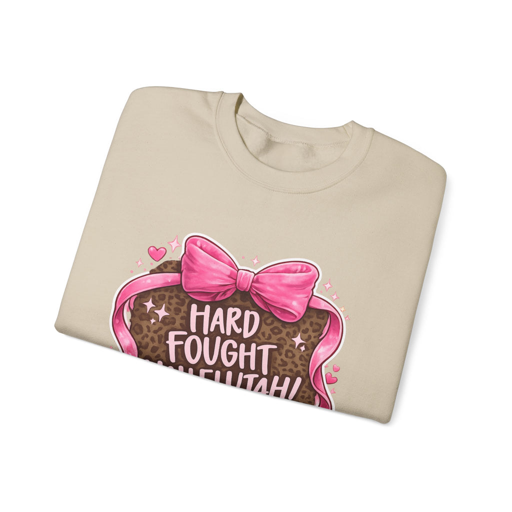 Crewneck Sweatshirt — "Hard Fought Hallelujah" Heart Graphic (Pink Bow, Leopard Print)