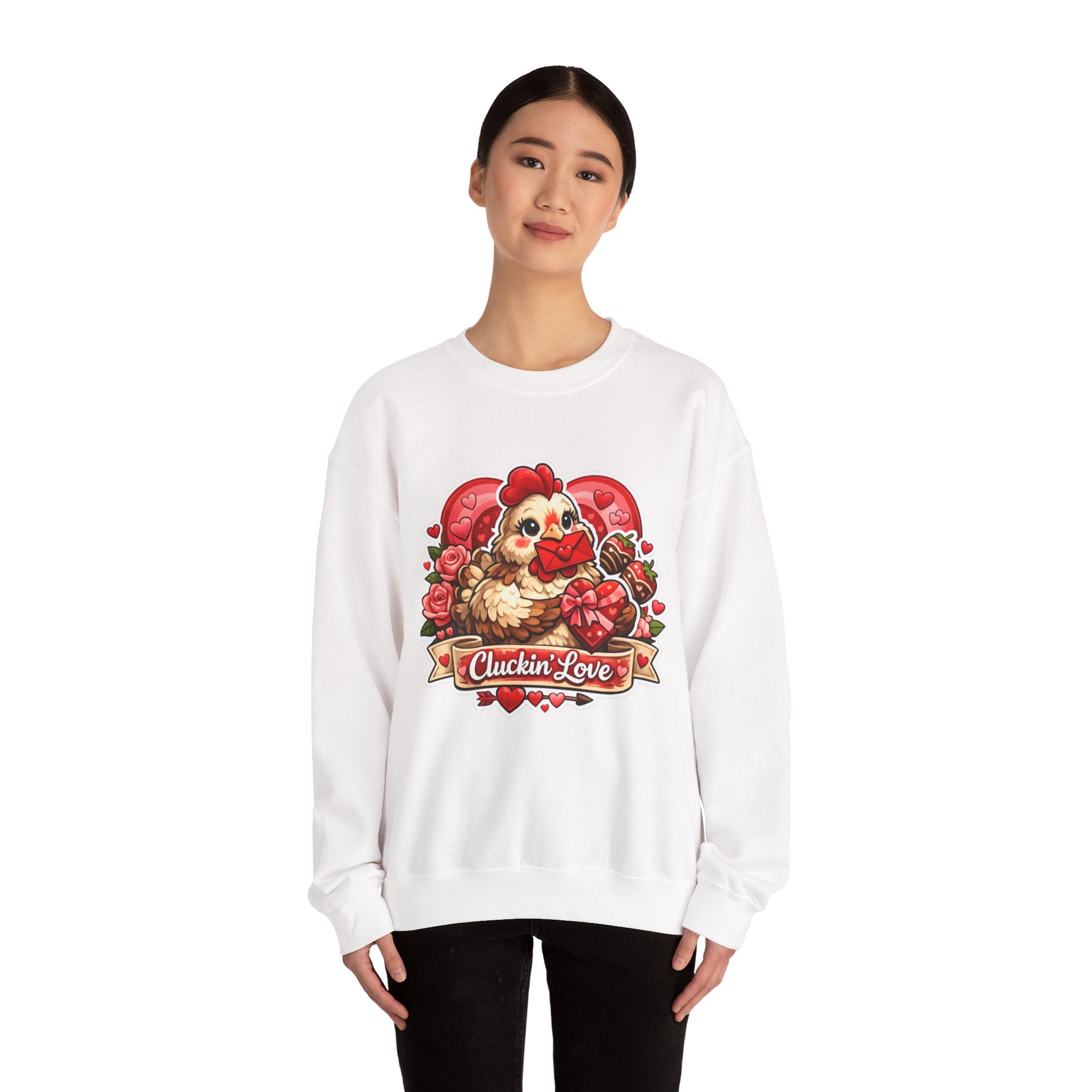 Crewneck Sweatshirt — "Cluckin' Love" Cute Chicken Valentine Design