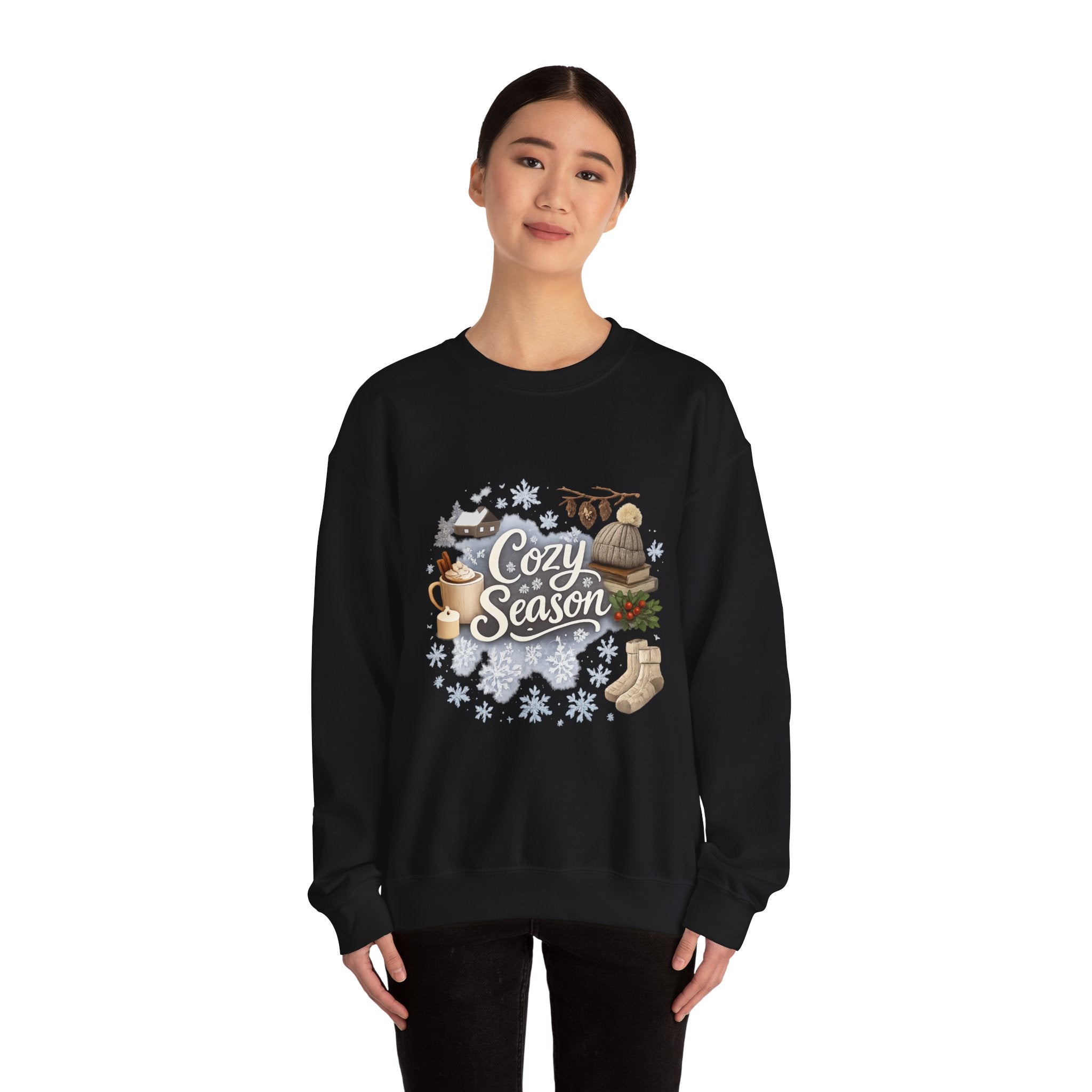 Cozy Season Sweatshirt — Winter Cabin Hot Cocoa & Knit Hat Crewneck