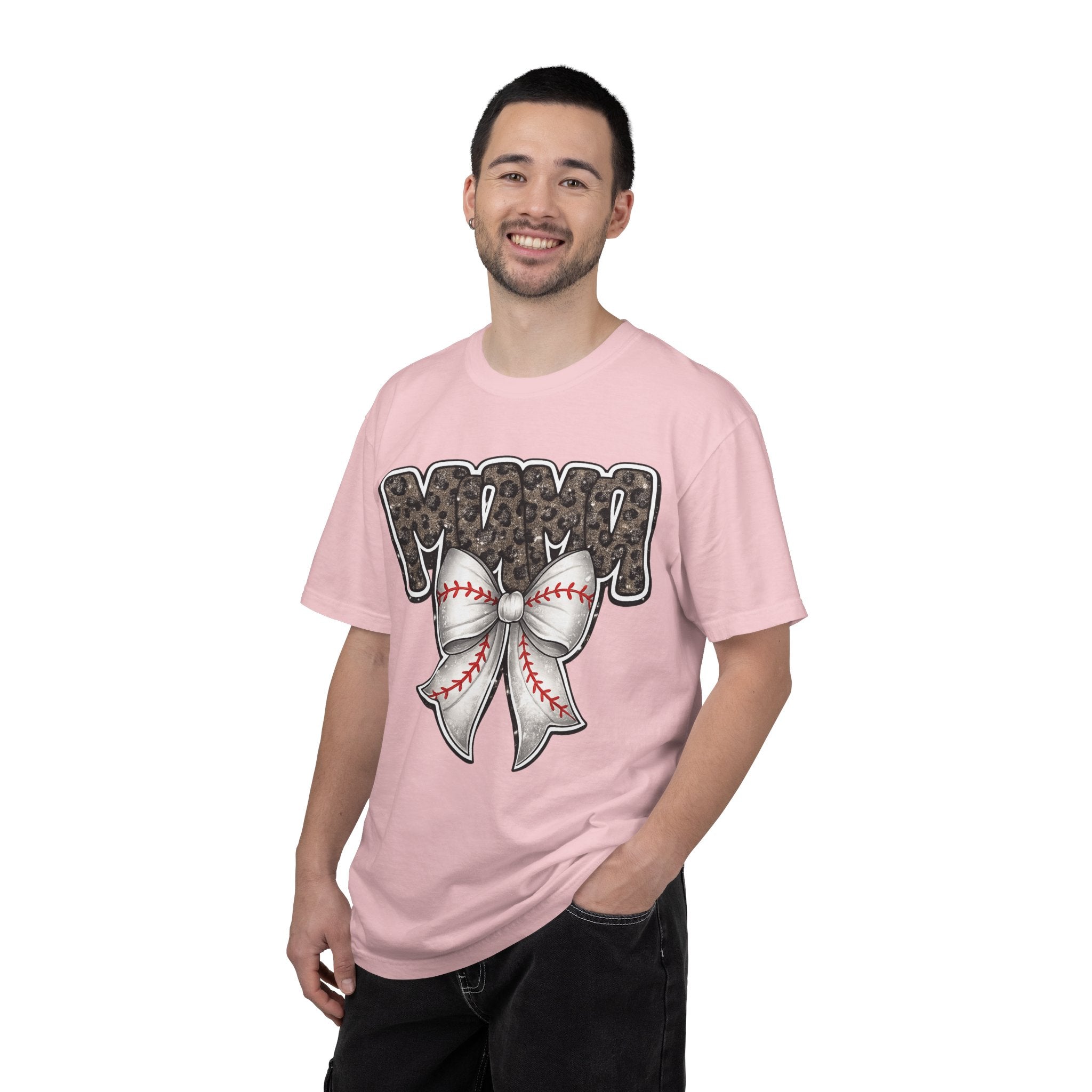 Baseball Mom T-Shirt — Camo Lettering with Baseball Bow