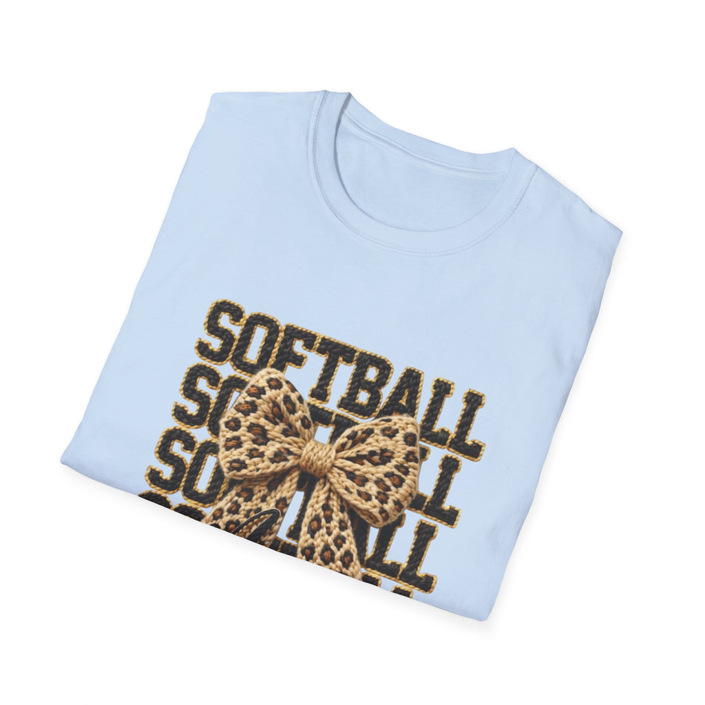 Softball Mom Leopard Bow T-Shirt – 'Softball Squad' Graphic Tee