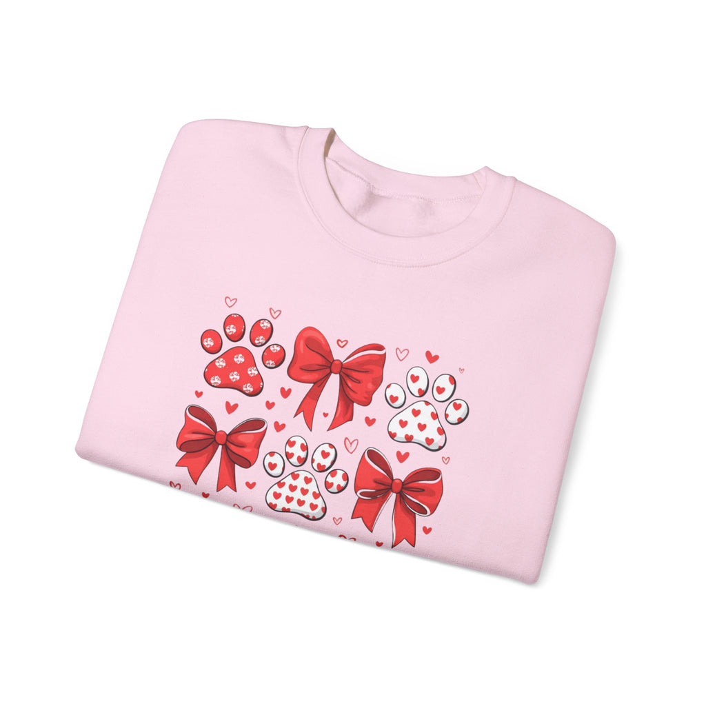 Valentine Paw Print Crewneck Sweatshirt — Red Bows & Hearts Pet Lover Pullover