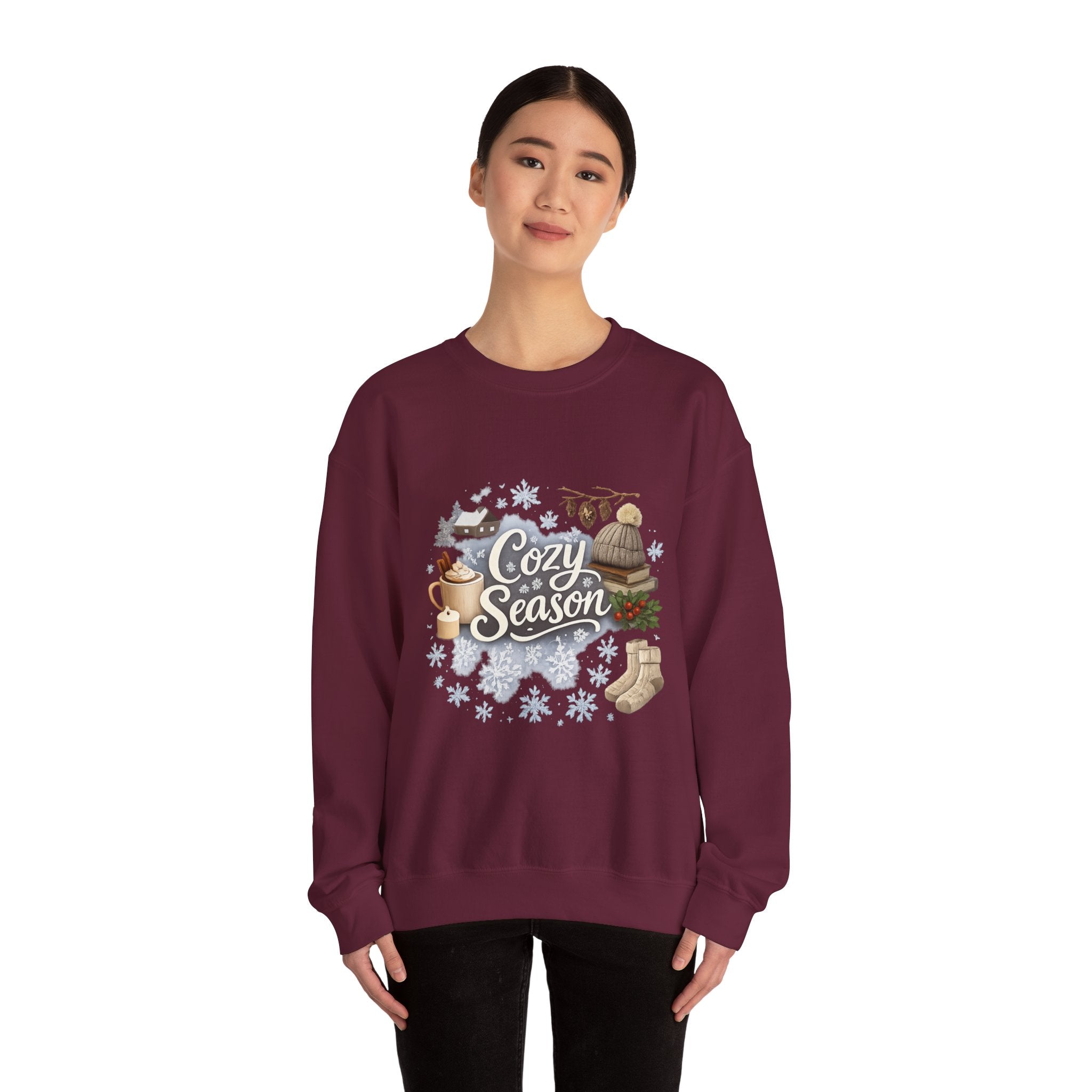Cozy Season Sweatshirt — Winter Cabin Hot Cocoa & Knit Hat Crewneck