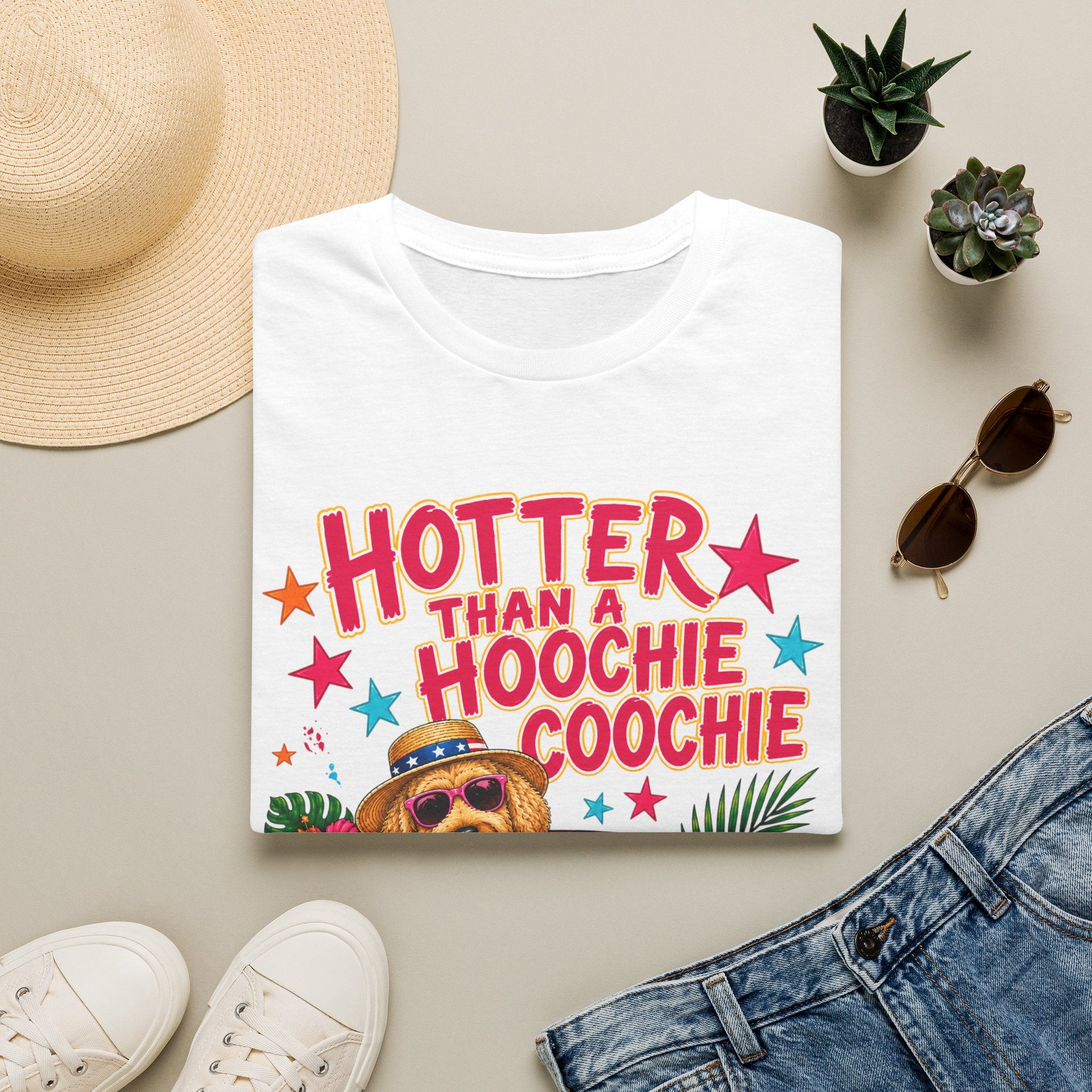 T-Shirt — "Hotter Than a Hoochie Coochie" Summer Graphic Tee (Beachy Dog Design)
