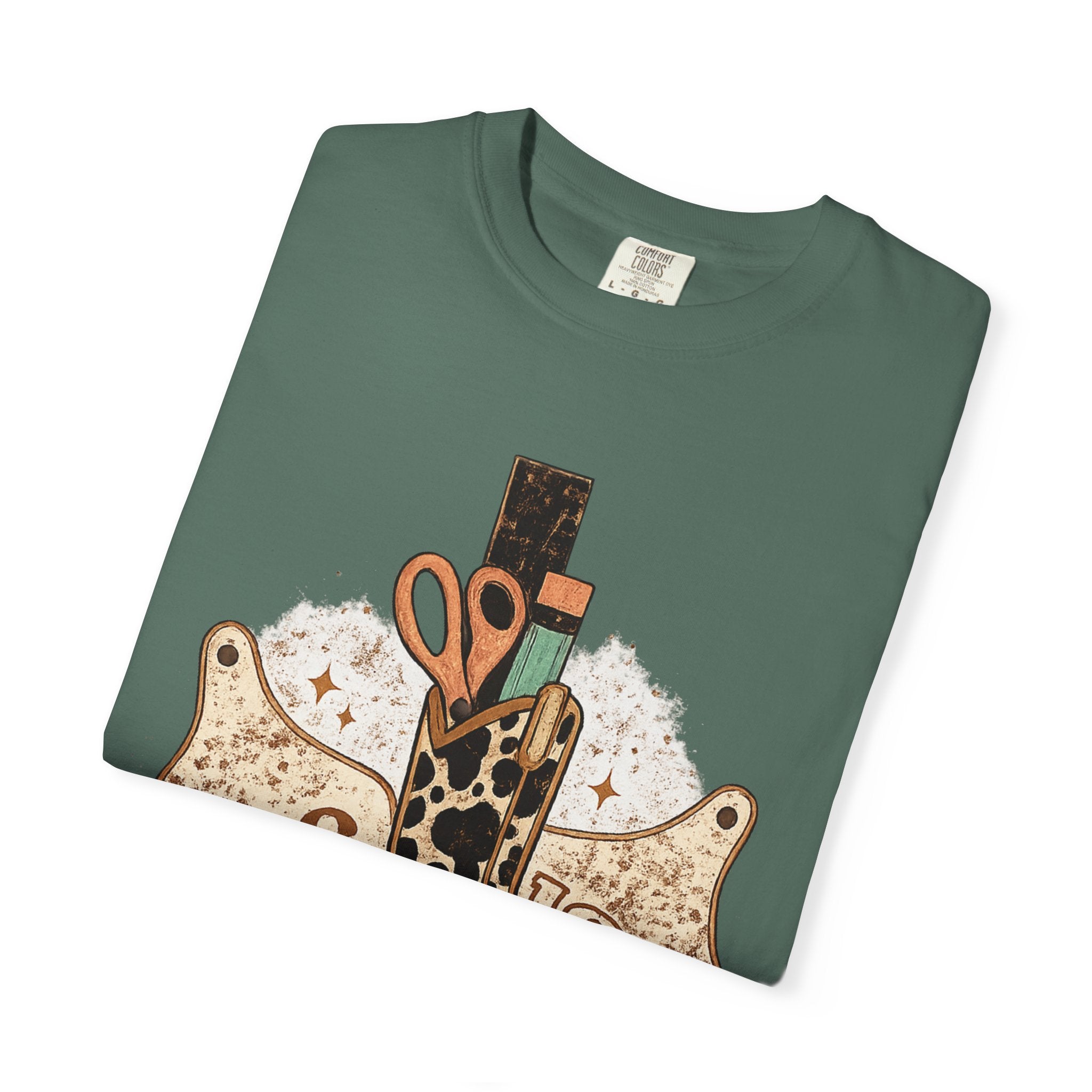 Teacher Cowgirl Boot T-Shirt – ABC 123 Classroom Scissors Design