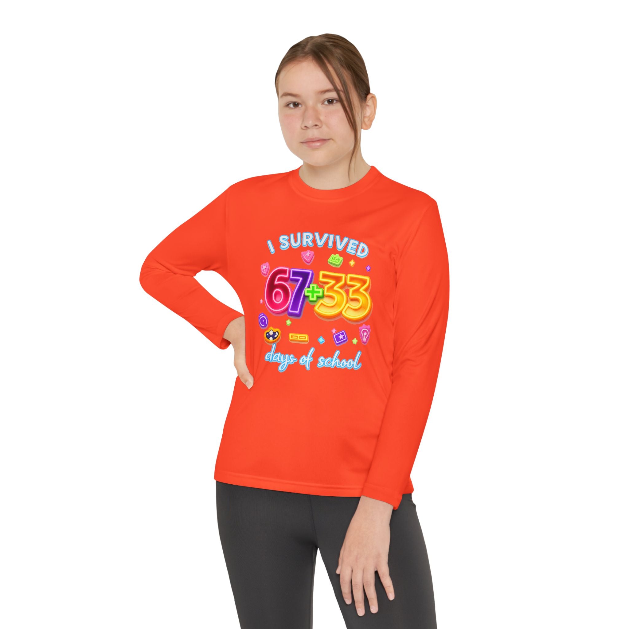 Youth Long Sleeve Tee — "I Survived 67+33 Days of School" Colorful Celebration Shirt