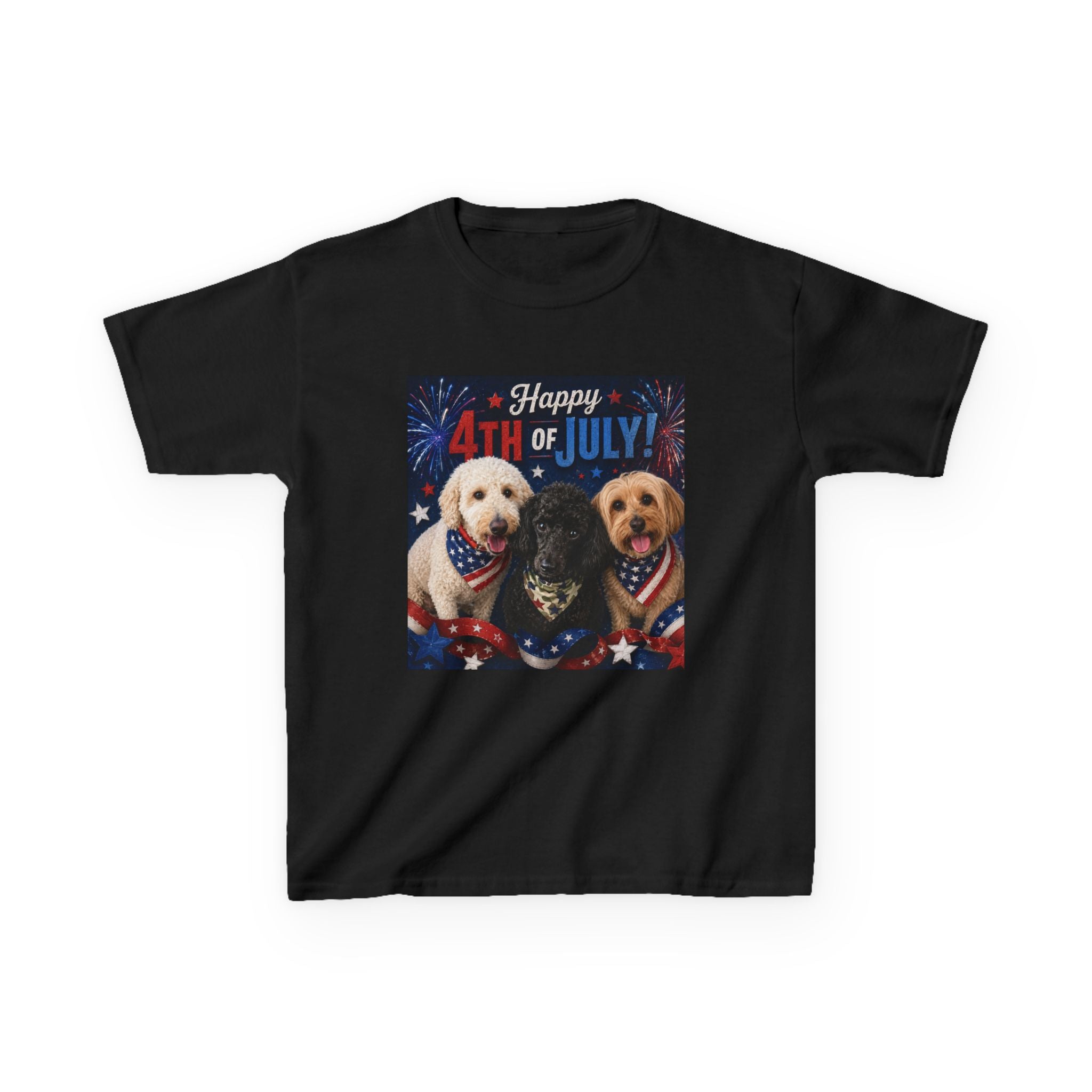 4th of July Kids Tee – Patriotic Dogs "Happy 4th of July"