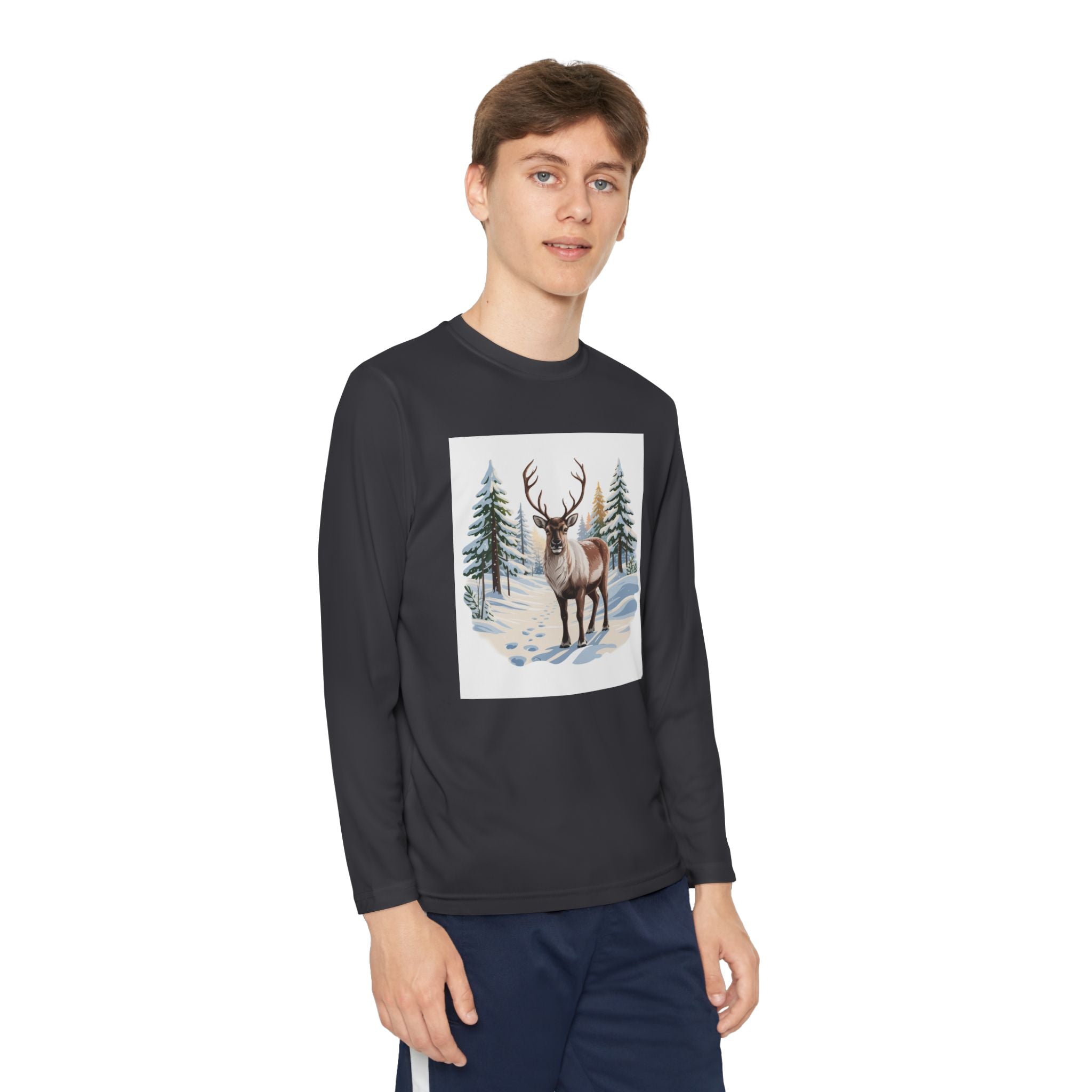 Youth Long Sleeve Tee — Winter Deer Forest Graphic