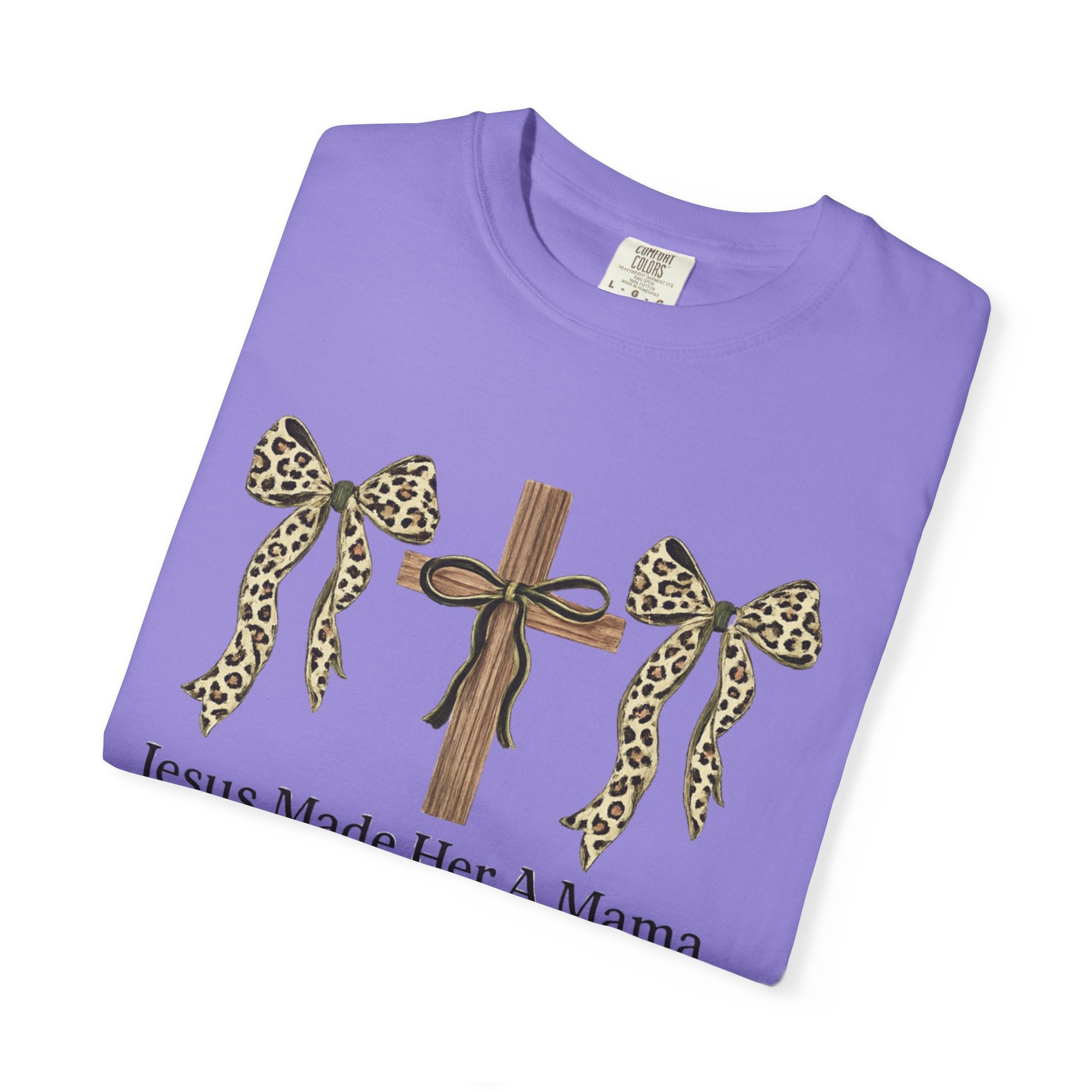 Jesus Made Her a Mama Cross T‑Shirt — Leopard Bow Christian Mother's Day Tee