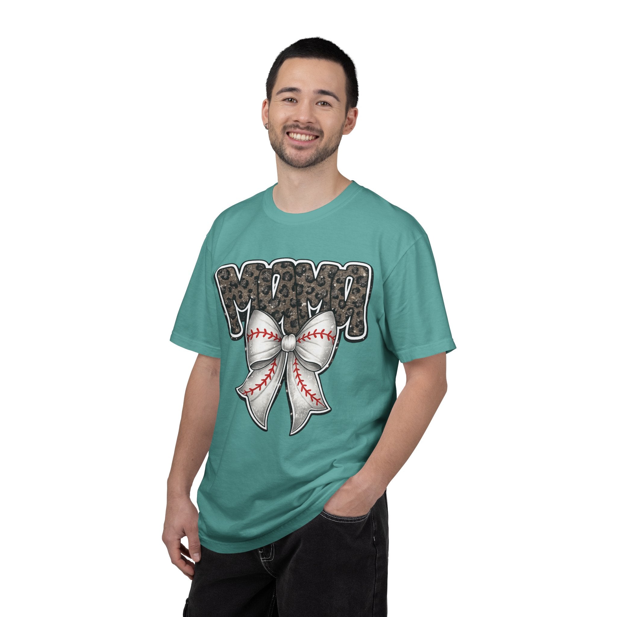 Baseball Mom T-Shirt — Camo Lettering with Baseball Bow