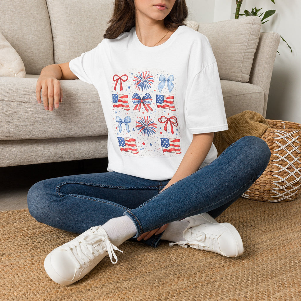 Patriotic 4th of July T-Shirt — USA Flag Bows & Fireworks Design