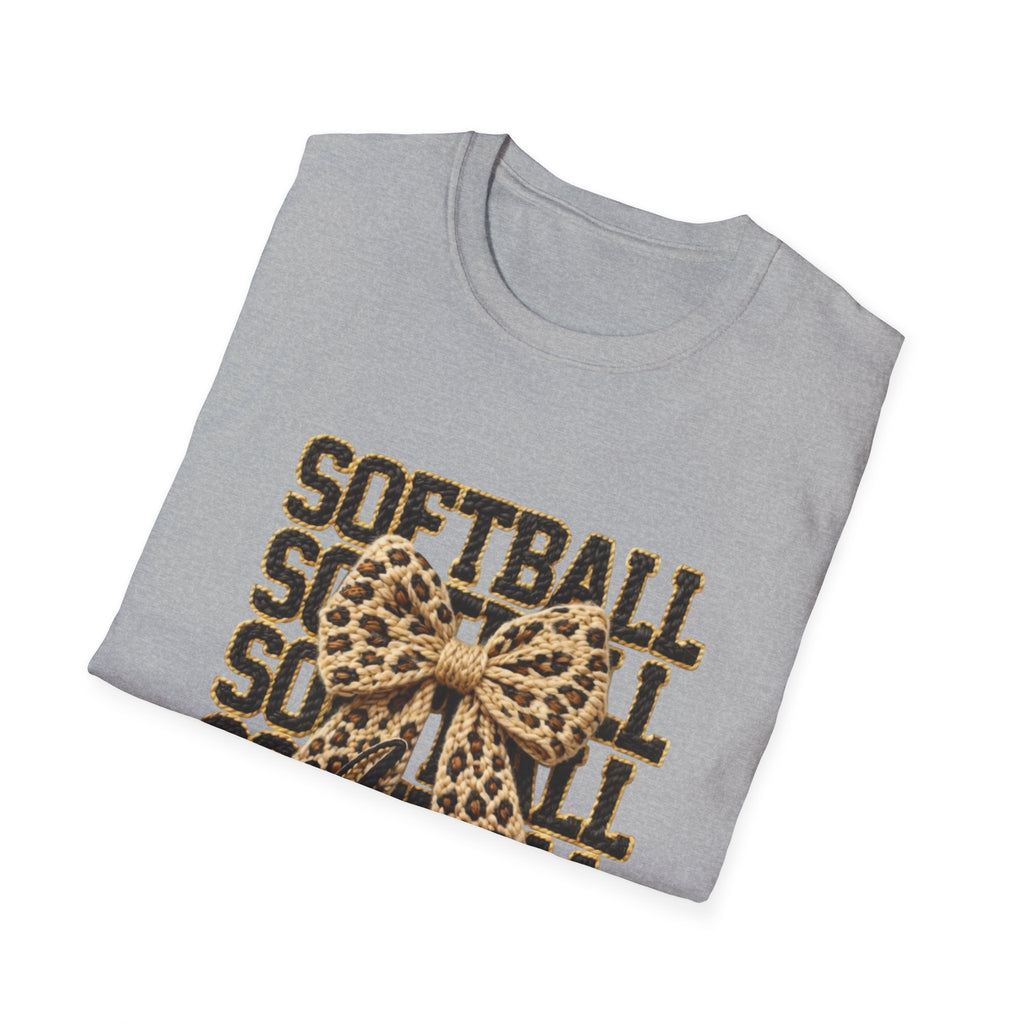 Softball Mom Leopard Bow T-Shirt – 'Softball Squad' Graphic Tee