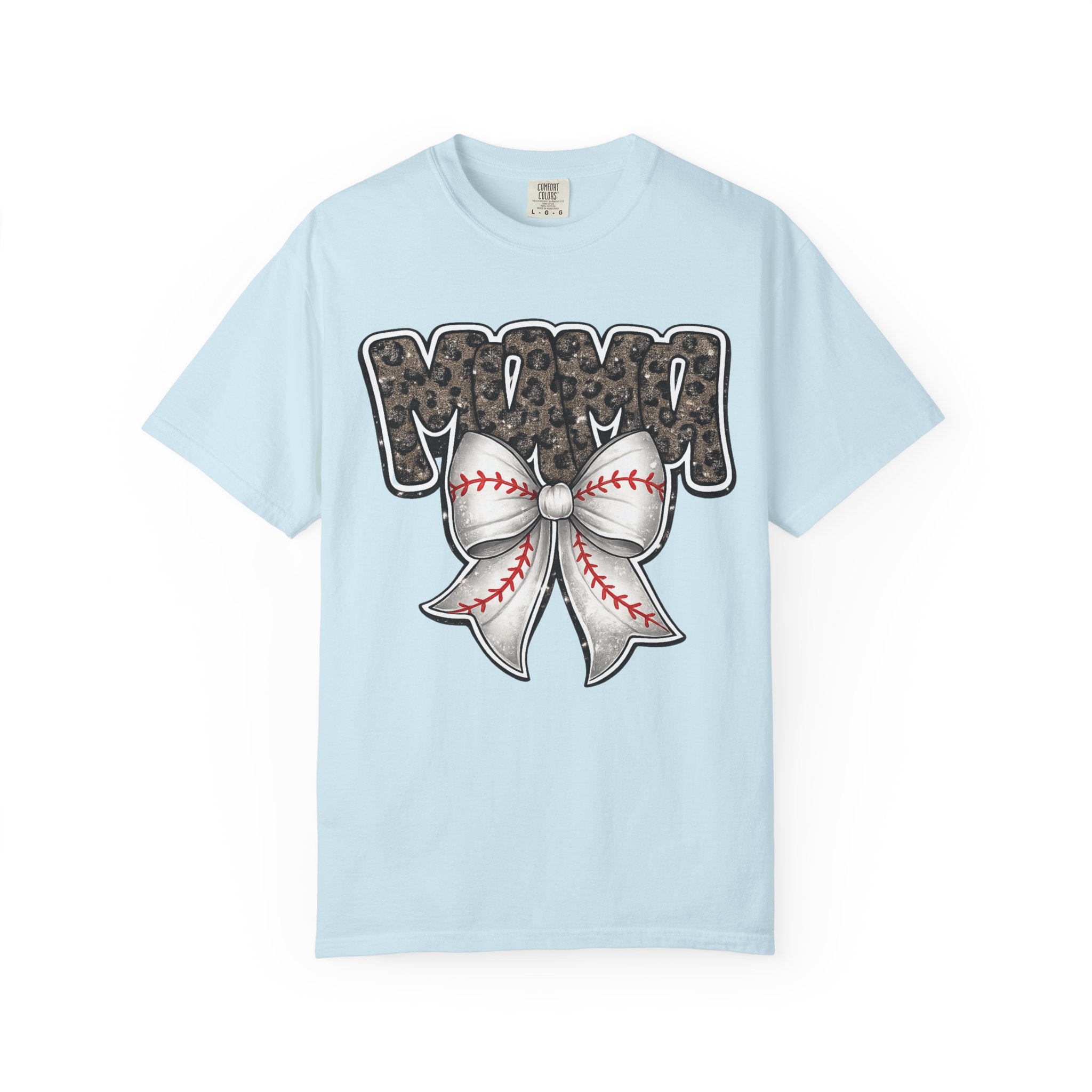 Baseball Mom T-Shirt — Camo Lettering with Baseball Bow