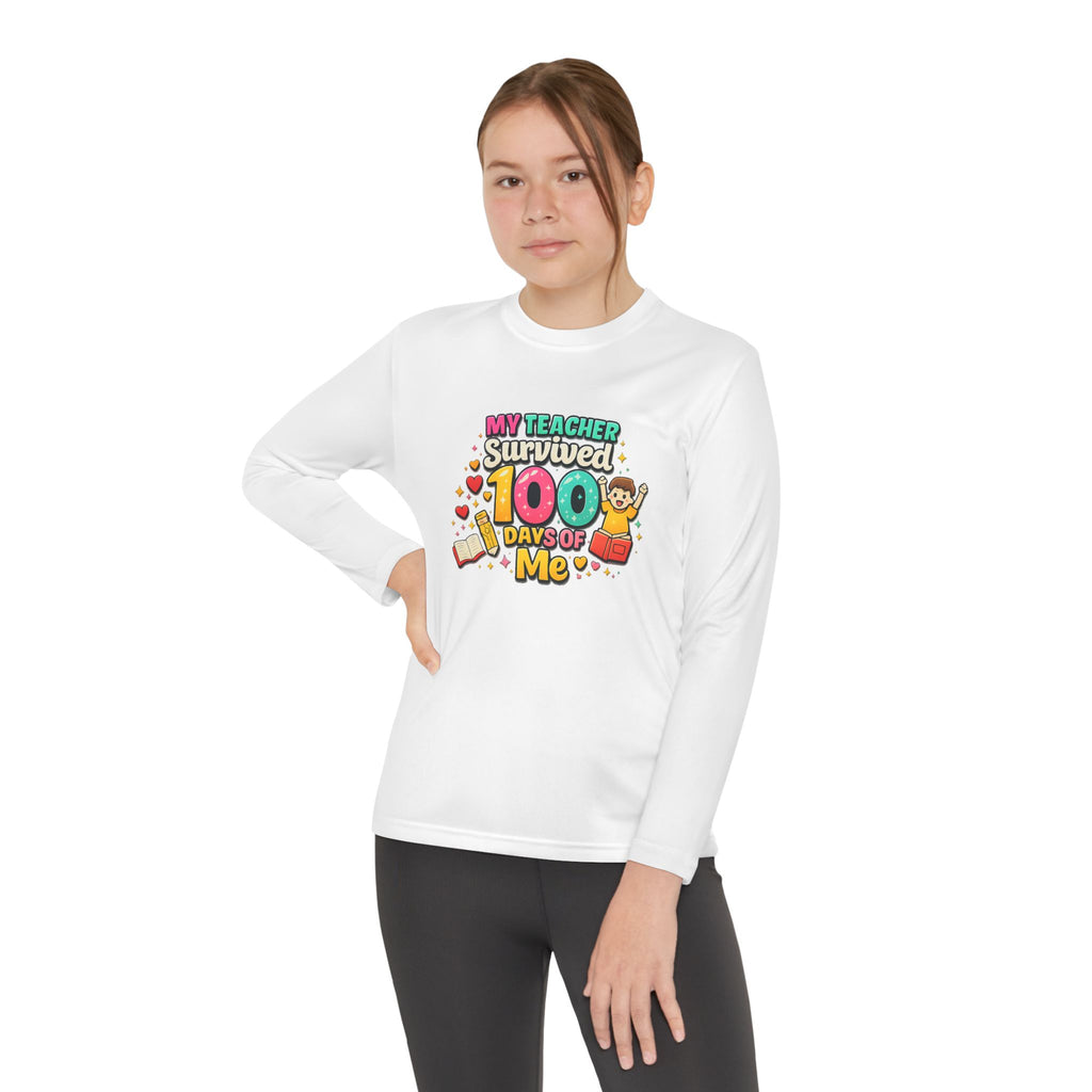 Kids Long Sleeve Tee — “My Teacher Survived 100 Days of Me” Colorful Celebration Shirt
