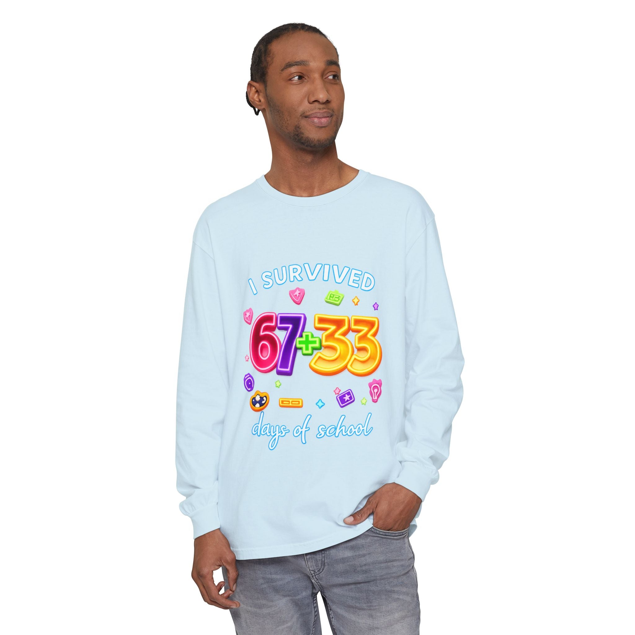 Long Sleeve T‑Shirt "I Survived 67+33 Days of School" — Cute Colorful End‑of‑School Celebration Tee