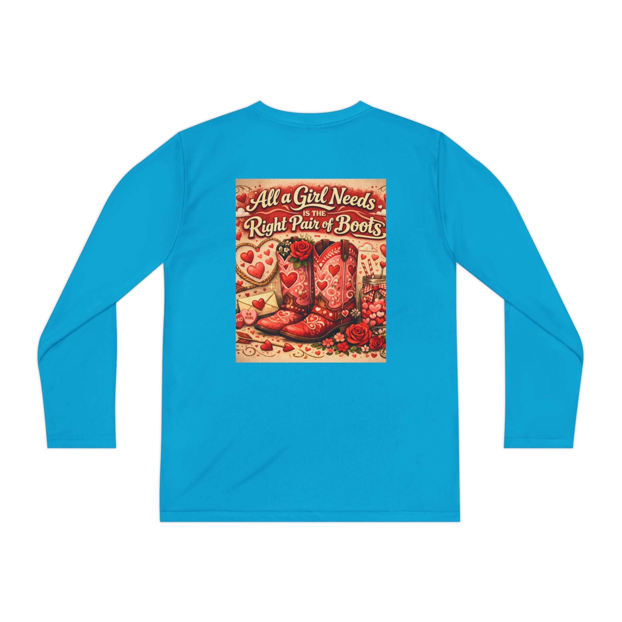 Youth Long Sleeve Tee — “All a Girl Needs is a Right Pair of Boots” Cowboy Boots Graphic