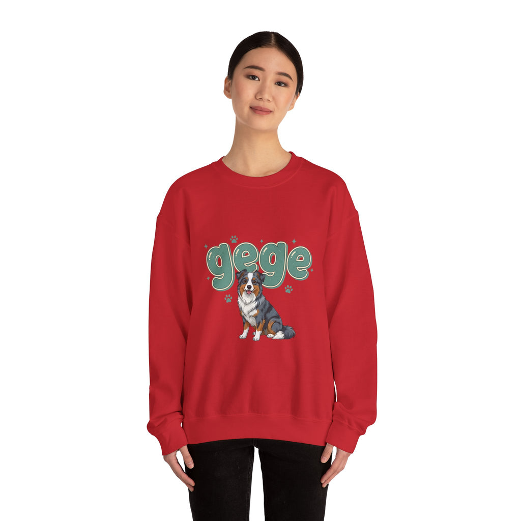 Crewneck Sweatshirt — Cute "gege" Design with Australian Shepherd Illustration