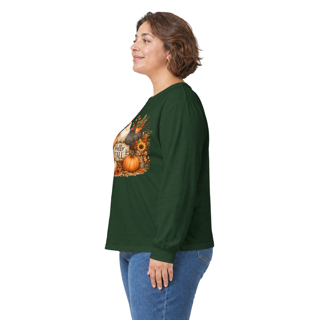 Hello Fall Pumpkin & Chickens Long Sleeve Tee