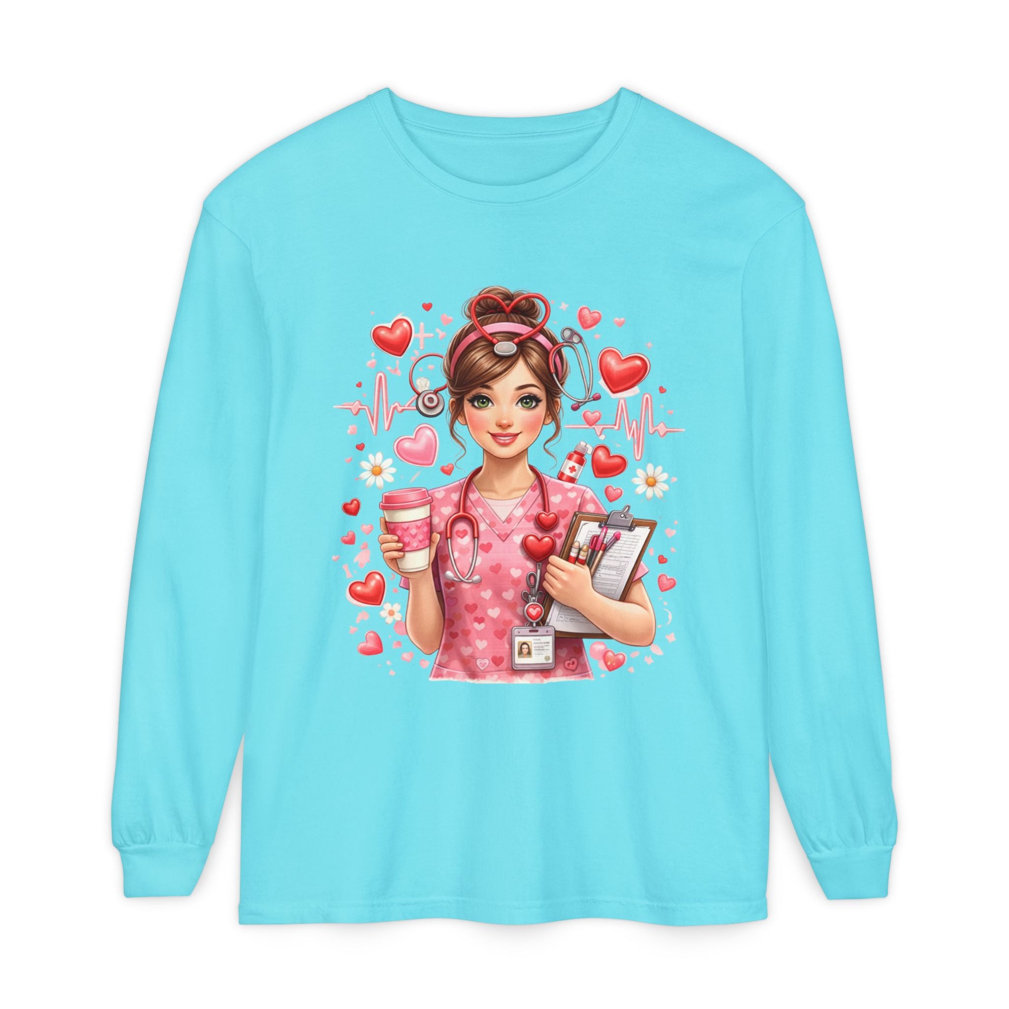 Nurse Love Long Sleeve T-Shirt — Cute Heartbeat Healthcare Graphic