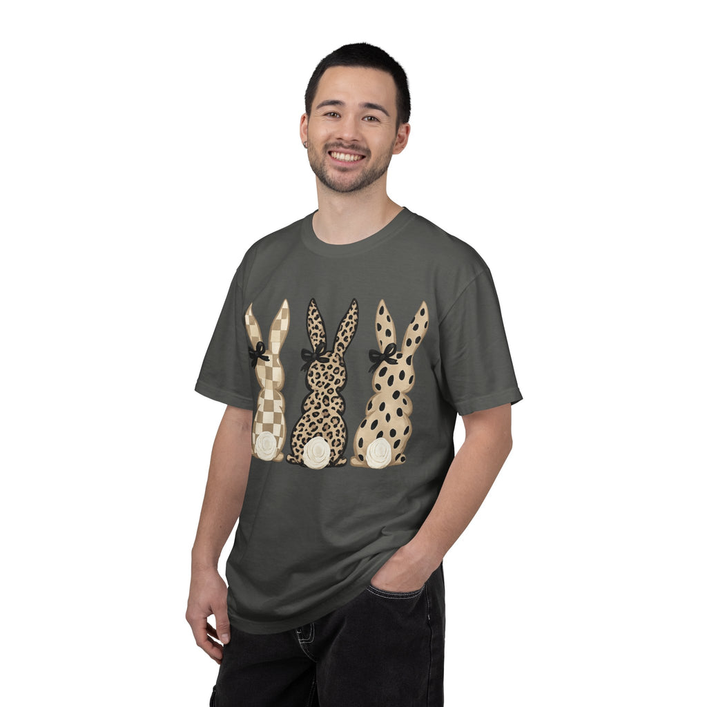 Easter Bunny Trio T-Shirt — Neutral Plaid, Leopard & Polka Dot Bunnies