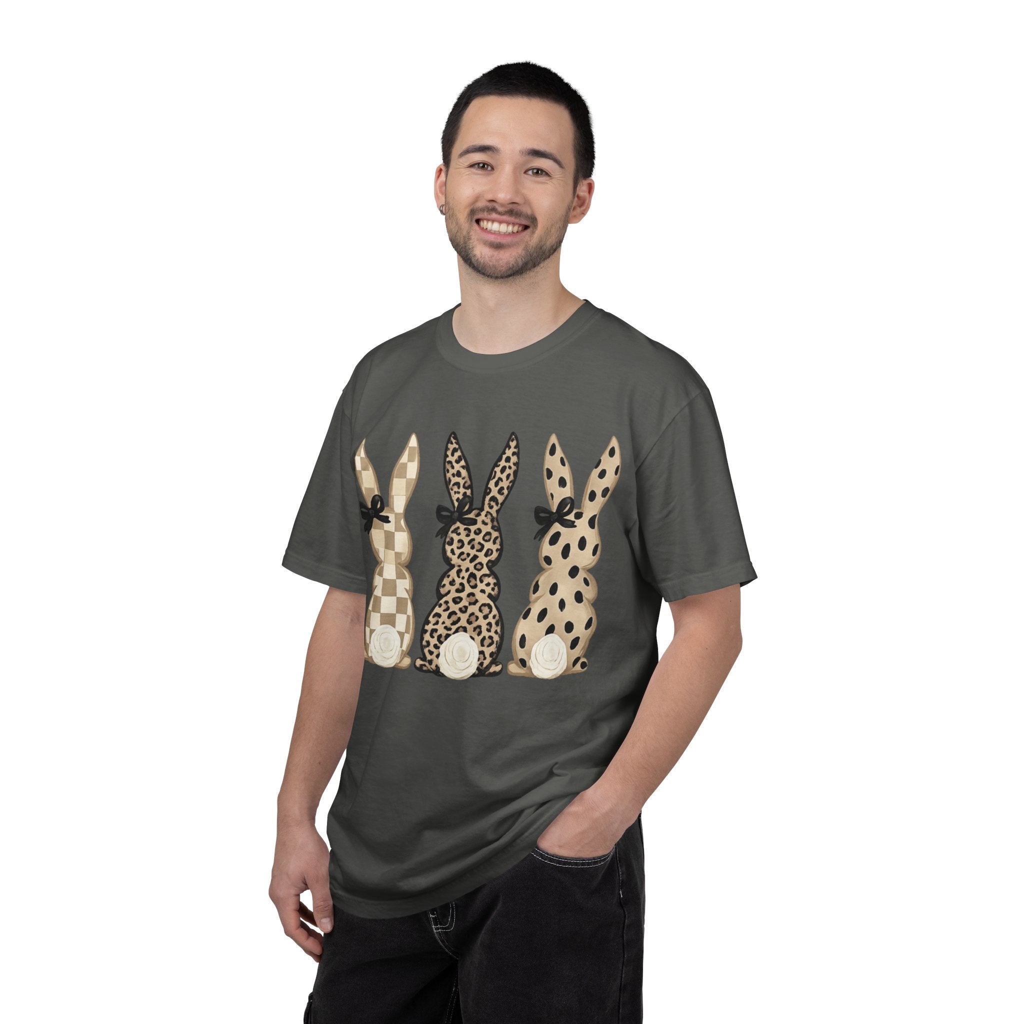 Easter Bunny Trio T-Shirt — Neutral Plaid, Leopard & Polka Dot Bunnies