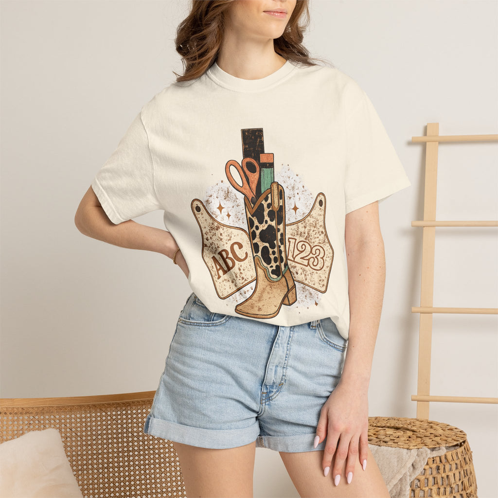 Teacher Cowgirl Boot T-Shirt – ABC 123 Classroom Scissors Design