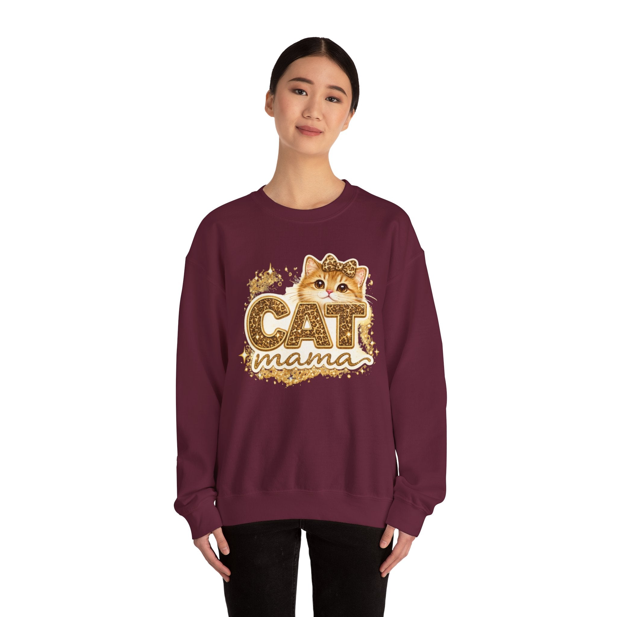 Cat Mama Crewneck Sweatshirt – Cute Gold Glitter Cat Graphic