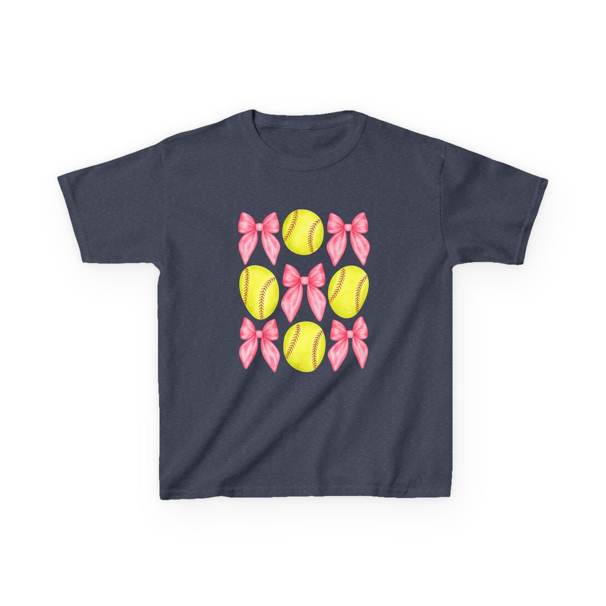 Girls Softball & Bows Kids Tee — Pink Bow Softball Pattern Shirt